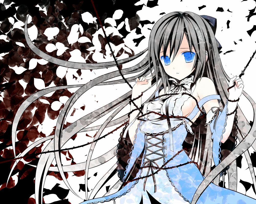 makita maki, original, bad id, bad pixiv id, 1girl, bdsm, black hair, blue eyes, bondage, bound, bow, detached sleeves, dress, female focus, frills, hair bow, long hair, petals, solo, very long hair