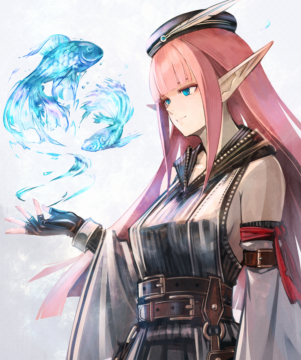 sushi (sashimise), original, commentary request, 1girl, arm ribbon, belt, belt buckle, black dress, black gloves, black hat, blue eyes, blunt bangs, breasts, brown belt, buckle, detached sleeves, dress, fingerless gloves, fish, gloves, hand up, hat, hat feather, hood, hood down, hooded dress, long hair, long pointy ears, magic, medium breasts, multiple belts, pink hair, pointy ears, red ribbon, ribbon, sideboob, sidelocks, sleeveless, sleeveless dress, smile, solo, upper body, white background, white sleeves, wide sleeves