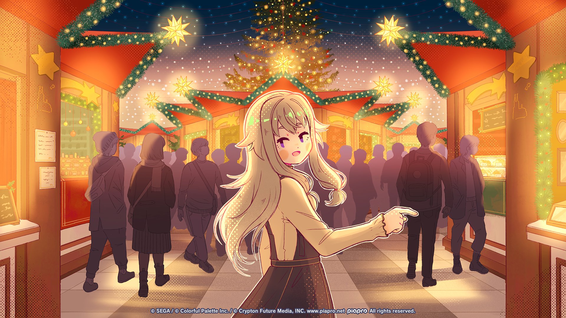 nemupan, kusanagi nene, project sekai, commentary, english commentary, highres, official art, second-party source, 1girl, :d, arm at side, awning, black skirt, blush stickers, christmas, christmas lights, christmas tree, cologne, copyright notice, crowd, from behind, green hair, green shirt, guest art, hair flaps, long hair, long sidelocks, long sleeves, looking at viewer, looking back, low-tied sidelocks, market, night, open mouth, outdoors, pointing, purple eyes, shirt, sidelocks, skirt, sky, smile, solid oval eyes, solo focus, standing, star (sky), star (symbol), starry sky, suspender skirt, suspenders, tree, turning head, upper body