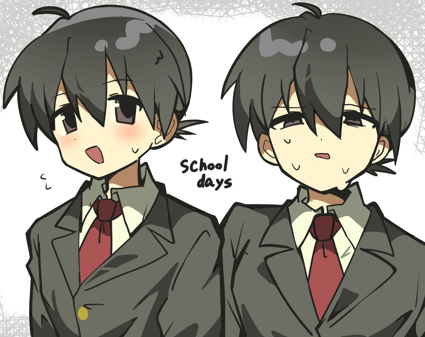 mikiwo eko53, itou makoto (school days), school days, commentary request, 1boy, ahoge, black eyes, black jacket, blush, collared shirt, copyright name, hair between eyes, jacket, lapels, male focus, multiple views, necktie, notched lapels, open mouth, red necktie, sakakino academy school uniform, school uniform, shirt, short hair, smile, sweat, tareme, white shirt, wing collar