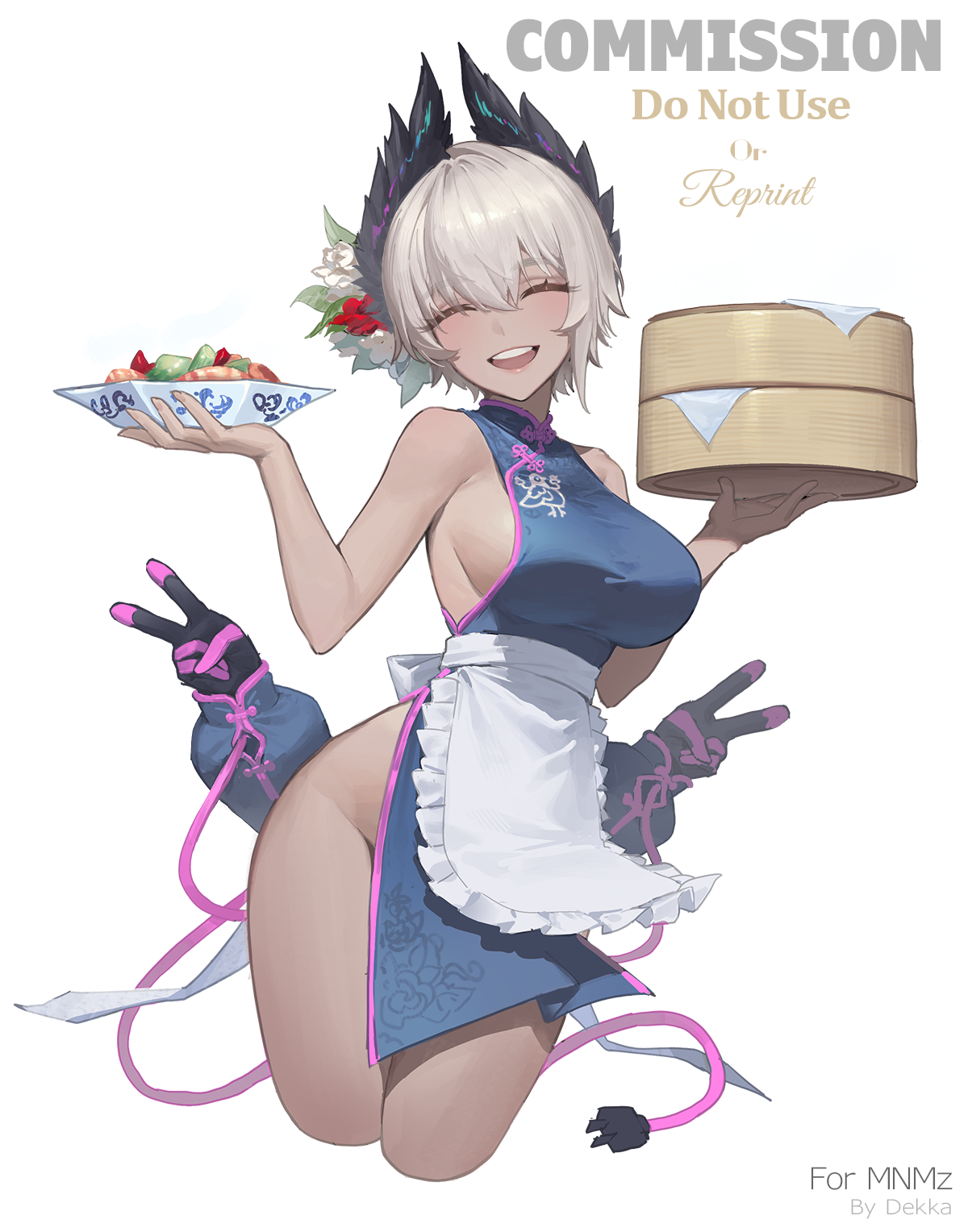 dekka, raidian (arknights), arknights, commentary, commission, highres, 1girl, alternate costume, apron, bamboo steamer, bird girl, black feathers, black gloves, blush, breasts, cable, cable tail, china dress, chinese clothes, closed eyes, dark-skinned female, dark skin, double v, dress, electric plug, electric plug tail, extra arms, feathers, flower, food, gloves, grey hair, hair flower, hair ornament, head wings, holding, holding bamboo steamer, holding plate, large breasts, maid apron, mechanical tail, multicolored gloves, open mouth, pink gloves, plate, short hair, shrimp, sideboob, simple background, solo, tail, teeth, two-tone gloves, upper teeth only, v, white background, wings