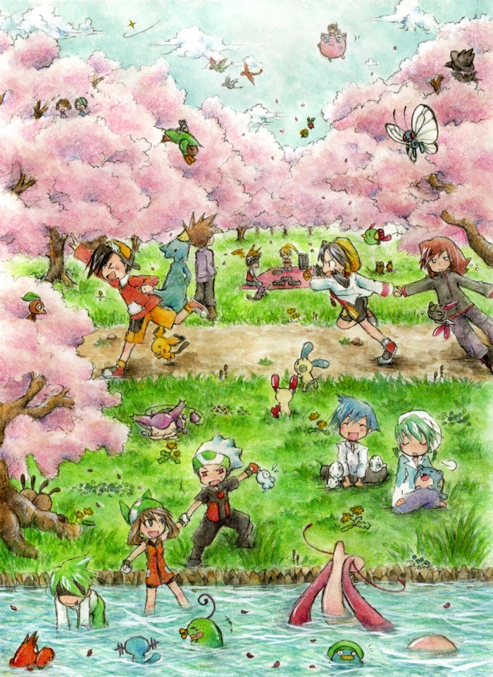 kazaori, aerodactyl, aipom, aron, blue oak, blue oak (pokemon rgby), brendan (pokemon), brendan (pokemon emerald), butterfree, castform, castform (normal), charizard, corphish, espeon, ethan (pokemon), flygon, golduck, green (pokemon), hairy pichu, hoppip, jigglypuff, kris (pokemon), lotad, may (pokemon), milotic, minun, murkrow, natu, nuzleaf, pichu, pika (pokemon), pikachu, plusle, politoed, raticate, red (pokemon), sentret, silver (pokemon), sneasel, spheal, steven stone, torchic, tropius, wallace (pokemon), wally (pokemon), wooper, yellow (pokemon), nintendo, pokemon, pokemon adventures, pokemon frlg, pokemon hgss, pokemon rgby, pokemon rse, bad id, bad pixiv id, character request, 00s, 1990s (style), 5girls, 6+boys, alternate costume, bento, brown hair, cherry blossoms, dandelion, flower, gen 1 pokemon, gen 2 pokemon, gen 3 pokemon, hat, holding, multiple boys, multiple girls, picnic, pokemon (creature), retro artstyle, river, tree