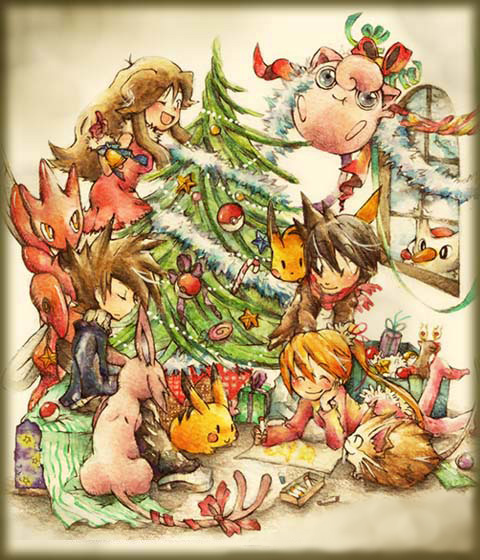 coloring, kazaori, blue oak, delibird, espeon, green (pokemon), jigglypuff, pikachu, raticate, red (pokemon), scizor, yellow (pokemon), nintendo, pokemon, pokemon adventures, 2boys, 2girls, bell, bow, brown hair, christmas, christmas tree, closed eyes, gen 1 pokemon, gen 2 pokemon, gift, multiple boys, multiple girls, one eye closed, poke ball, pokemon (creature), ribbon, scarf, tail, tail bow, tail ornament, tail ribbon, wink