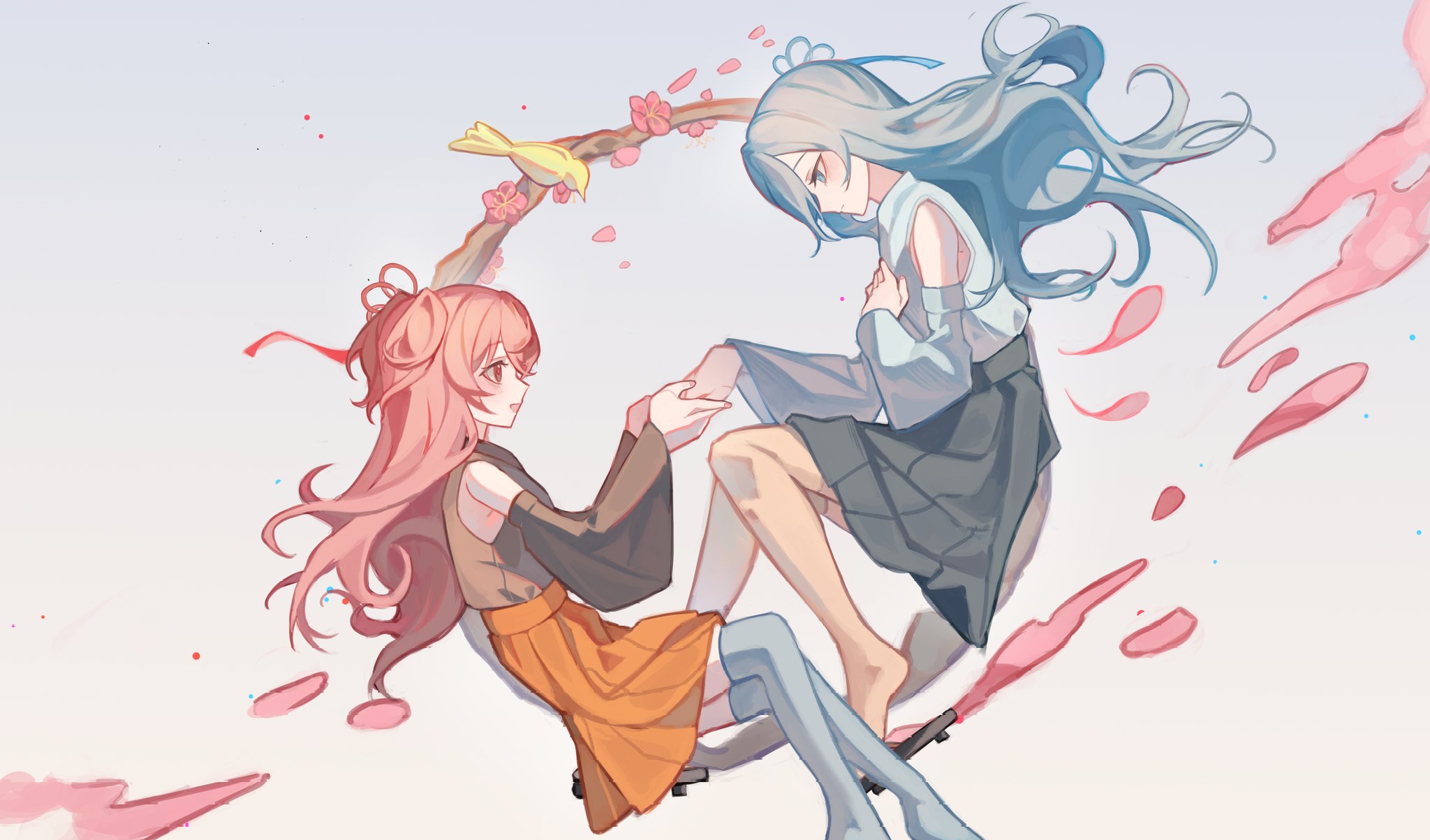 jangkrikz, hinomori shizuku, momoi airi, project sekai, commentary, highres, symbol-only commentary, aqua eyes, aqua hair, aqua shirt, bare shoulders, black skirt, blossoms, detached sleeves, grey background, holding hands, long hair, matching outfits, pink eyes, pink hair, shirt, skirt, thighhighs