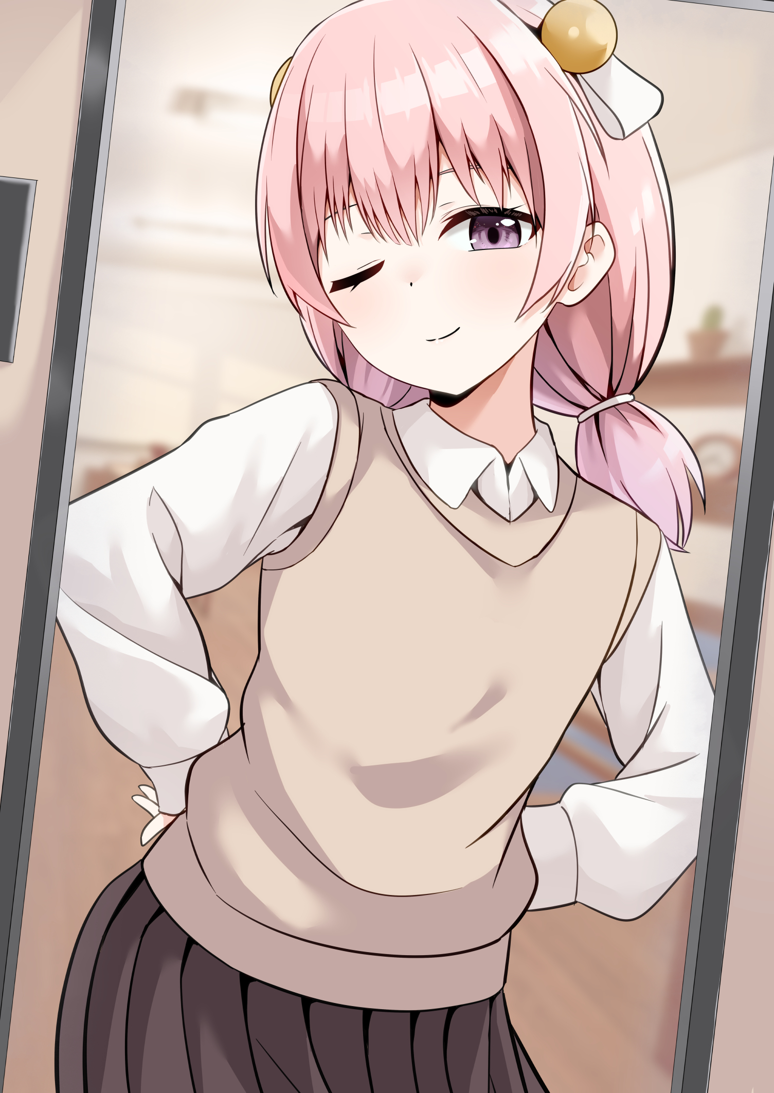 cac itinose, original, highres, 1girl, ;), blurry, blurry background, brown skirt, closed mouth, collared shirt, depth of field, dress shirt, hair between eyes, hands on own hips, long hair, long sleeves, looking at viewer, low twintails, mirror, one eye closed, pink hair, pleated skirt, puffy long sleeves, puffy sleeves, purple eyes, reflection, school uniform, shirt, short twintails, skirt, sleeves past wrists, smile, solo, sweater vest, twintails, white shirt
