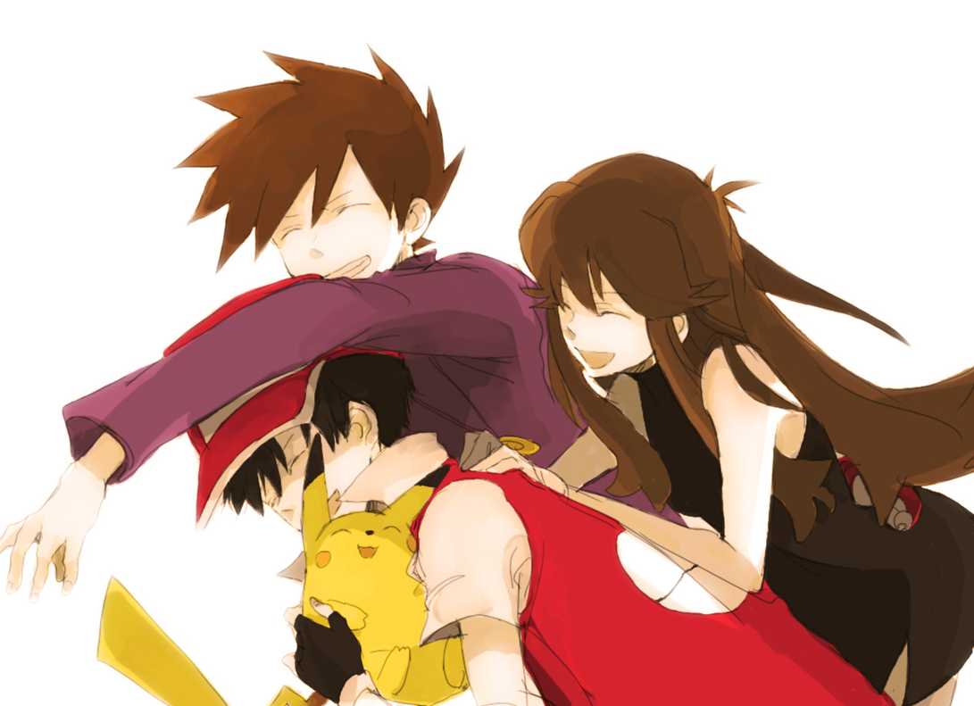 tsu da, blue oak, blue oak (pokemon rgby), green (pokemon), pikachu, red (pokemon), nintendo, pokemon, pokemon adventures, pokemon rgby, pokemon rgby beta, friends, bad id, bad pixiv id, 1990s (style), 1girl, 2boys, black dress, brown hair, dress, gen 1 pokemon, happy, hat, long hair, multiple boys, poke ball, pokemon (creature), prototype design, retro artstyle, smile, waist poke ball