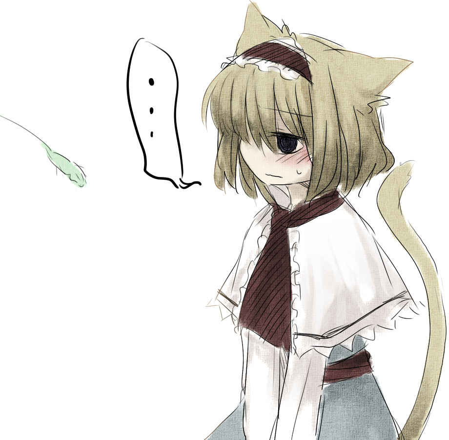 marisu, alice margatroid, touhou, bad id, bad pixiv id, 1girl, animal ears, blonde hair, blue eyes, blush, cat ears, cat girl, cat tail, cat teaser, female focus, hairband, short hair, simple background, solo, tail, white background