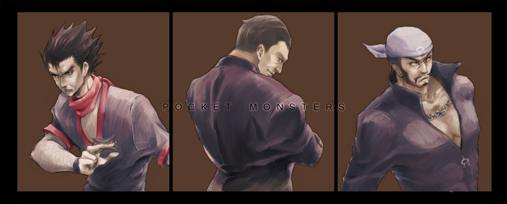 sericco, yori (pixiv257595), archie (pokemon), giovanni (pokemon), koga (pokemon), nintendo, pokemon, pokemon rgby, pokemon rse, bad id, bad pixiv id, highres, 00s, 1990s (style), 3boys, copyright name, gym leader, male focus, manly, multiple boys, retro artstyle, team aqua