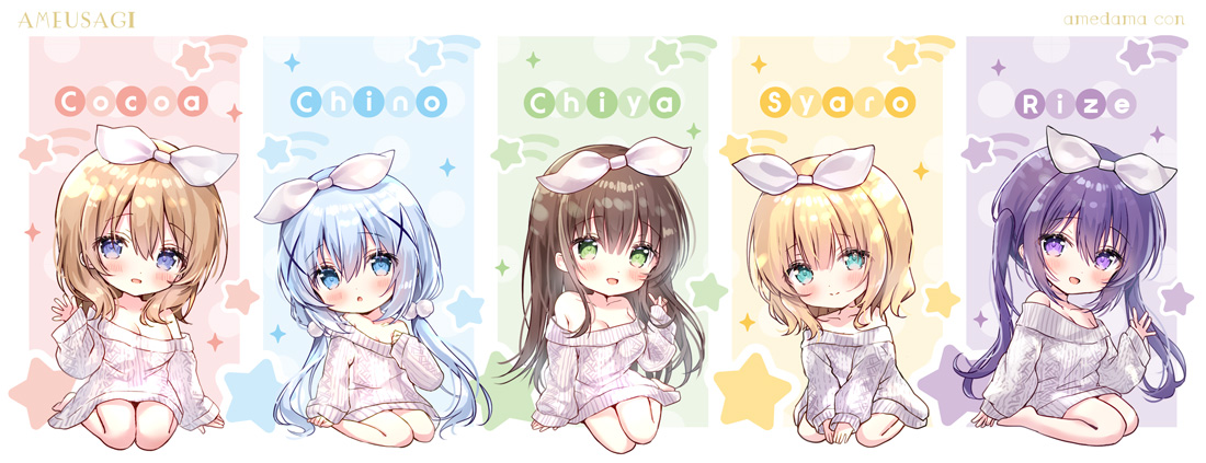 amedamacon, hoto cocoa, kafuu chino, kirima syaro, tedeza rize, ujimatsu chiya, gochuumon wa usagi desu ka?, commentary request, 6+girls, :d, :o, aran sweater, artist name, barefoot, blonde hair, blue eyes, blue hair, blush, breasts, brown hair, cable knit, character name, chibi, cleavage, closed mouth, green eyes, hair ornament, hair ribbon, long hair, long sleeves, low twintails, medium breasts, multiple girls, off-shoulder sweater, off shoulder, open mouth, parted lips, puffy long sleeves, puffy sleeves, purple eyes, purple hair, ribbon, sitting, sleeves past wrists, small breasts, smile, sweater, twintails, very long hair, wariza, white ribbon, white sweater, x hair ornament