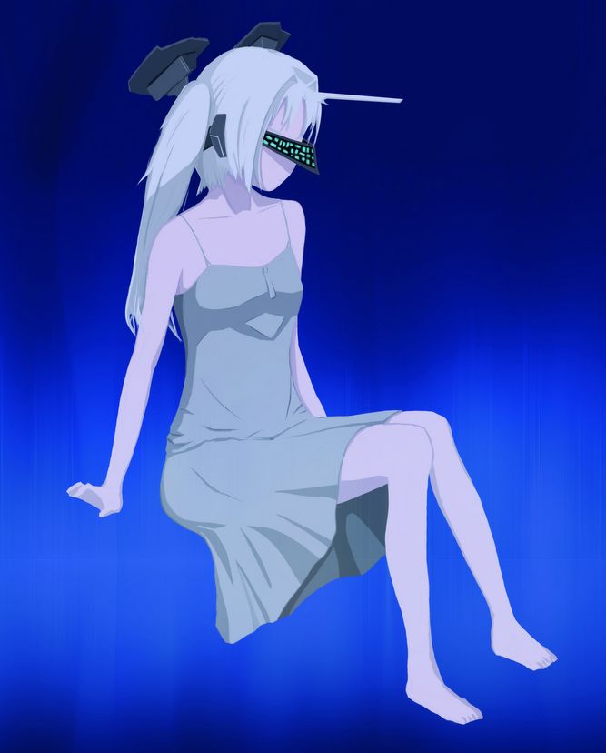 white glint, armored core, armored core: for answer, fromsoftware, 1girl, barefoot, dress, feet, female focus, full body, gradient background, mecha musume, solo