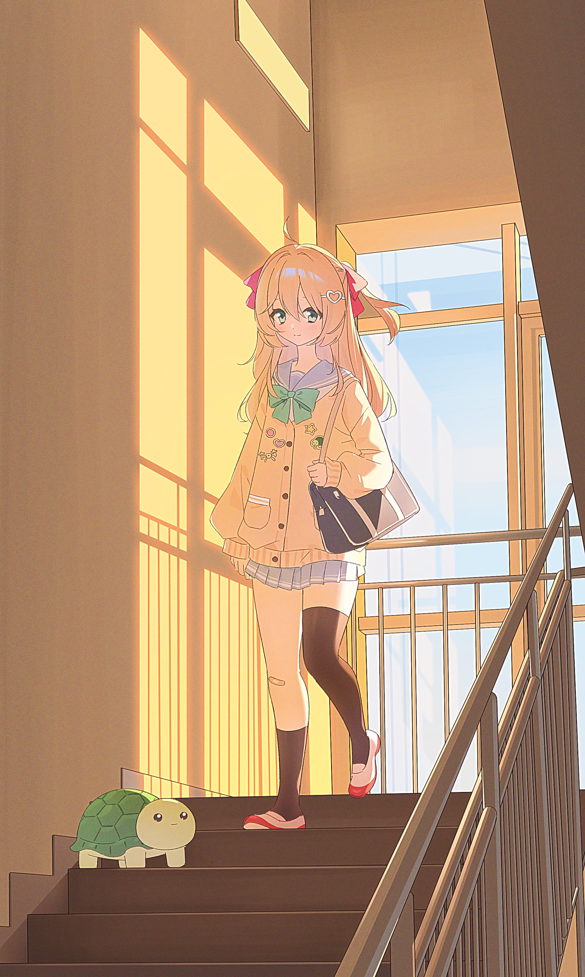 shiokori, neuro-sama, vedal987, absurdres, commentary request, highres, 1boy, 1girl, ahoge, aqua bow, aqua bowtie, bag, bandaid, bandaid on knee, bandaid on leg, black socks, black thighhighs, blue eyes, blue sailor collar, blue skirt, bow, bowtie, brown hair, cardigan, closed mouth, day, duffel bag, from side, full body, hair between eyes, hair ribbon, indoors, long hair, long sleeves, miniskirt, pleated skirt, red ribbon, red shoes, ribbon, sailor collar, shoes, single sock, single thighhigh, skirt, smile, socks, stairs, thighhighs, turtle, vedal ai, walking, yellow cardigan