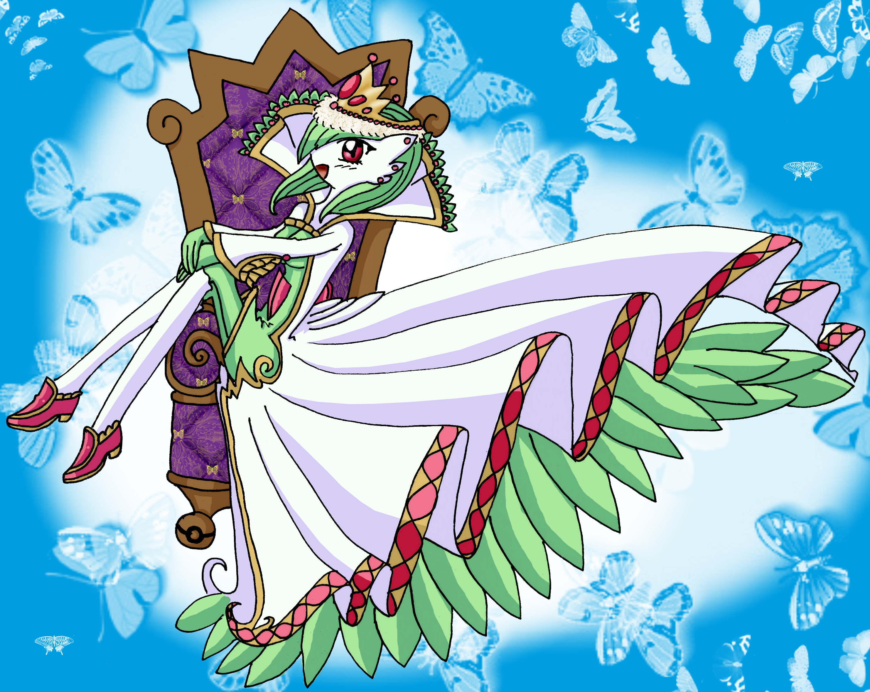 fantastmic (artist), gardevoir, nintendo, pokemon, highres, gen 3 pokemon, happy, pokemon (creature), princess, queen, trone