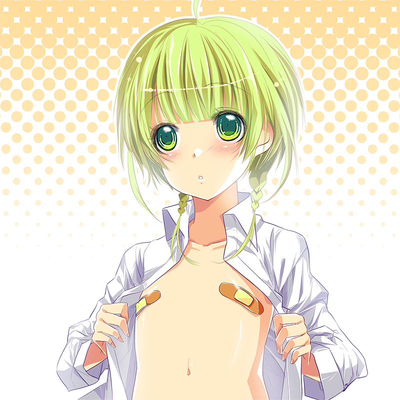 yu (bkks), original, bad id, bad pixiv id, bandaid, bandaids on nipples, blush, braid, flat chest, green eyes, green hair, loli, matching hair/eyes, open clothes, open shirt, pasties, shirt, solo, twin braids, white shirt