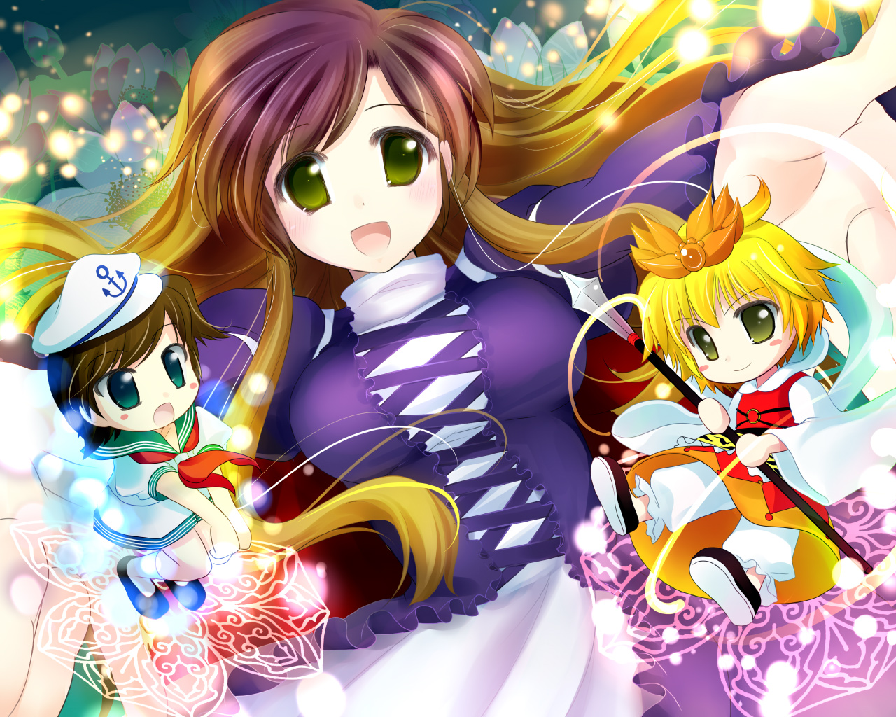 natsukawa sarasa, hijiri byakuren, murasa minamitsu, toramaru shou, touhou, bad id, bad pixiv id, revision, 3girls, blonde hair, brown eyes, chibi, dress, female focus, ghost, gradient hair, green eyes, hair ornament, hat, long hair, multicolored hair, multiple girls, polearm, sailor, sailor collar, sailor hat, shawl, short hair, spear, weapon, yellow eyes