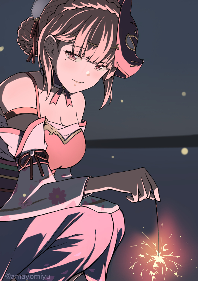 amayomiyu, kiryuu miya, heaven burns red, commentary, 1girl, bare shoulders, blunt bangs, braid, braided bun, breasts, cleavage, closed mouth, crown braid, detached sleeves, dress, eyes visible through hair, feet out of frame, fireworks, floral print, floral print sleeves, fox mask, hair behind ear, hair bun, holding, holding fireworks, large breasts, light blush, long sleeves, looking at viewer, mask, mask on head, medium hair, mole, mole under eye, night, outdoors, red dress, red eyes, senkou hanabi, sidelocks, single hair bun, sleeveless, sleeveless dress, smile, solo, sparkler, sparks, squatting, twitter username, underlighting, wide sleeves