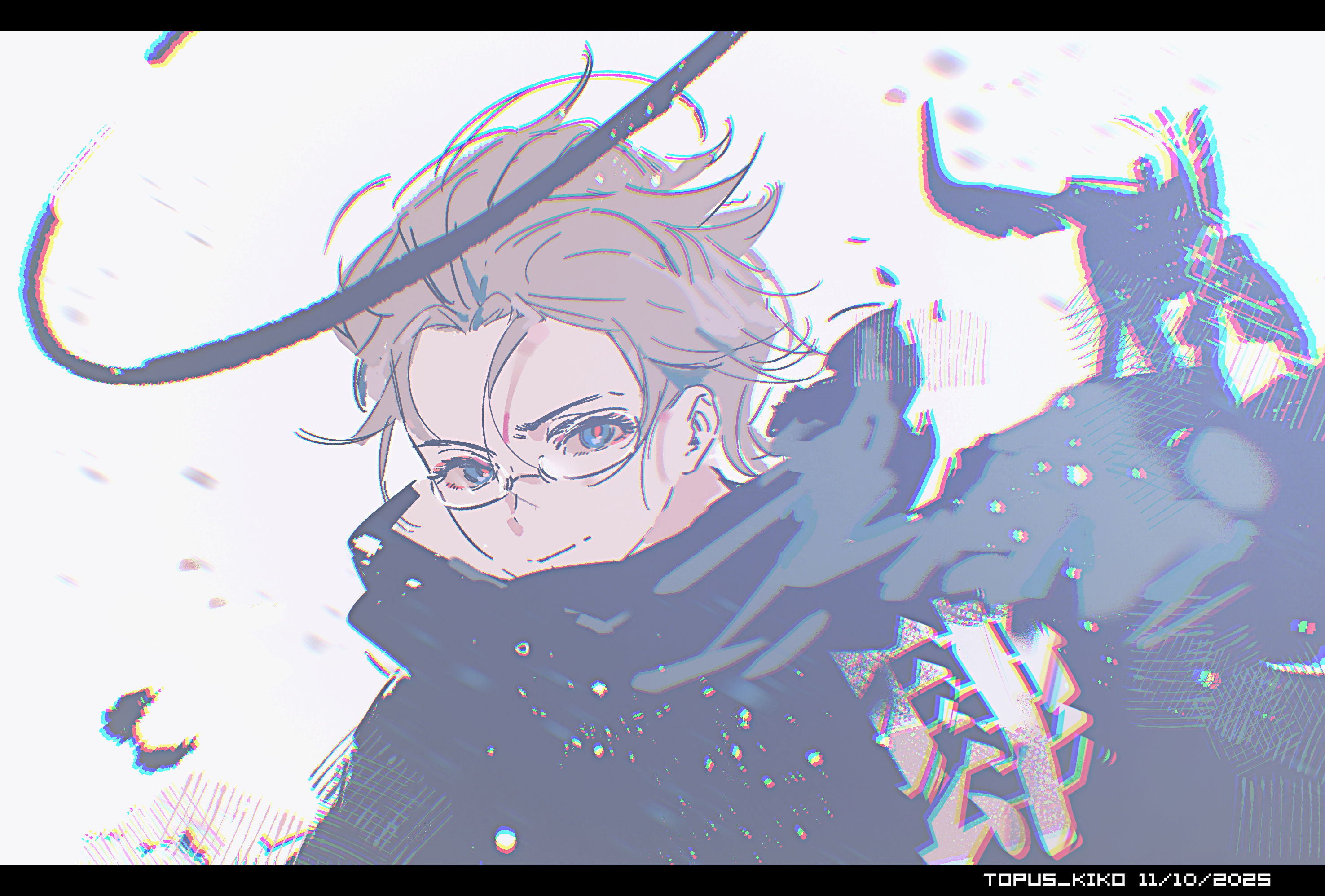 lucky small pride, aotsuki eito, the hundred line -last defense academy-, highres, spoilers, 1boy, black cloak, black halo, blue eyes, chromatic aberration, cloak, closed mouth, dated, glasses, grey hair, halo, last defense academy school uniform, male focus, red pupils, school uniform, short hair, solo, upper body, white background