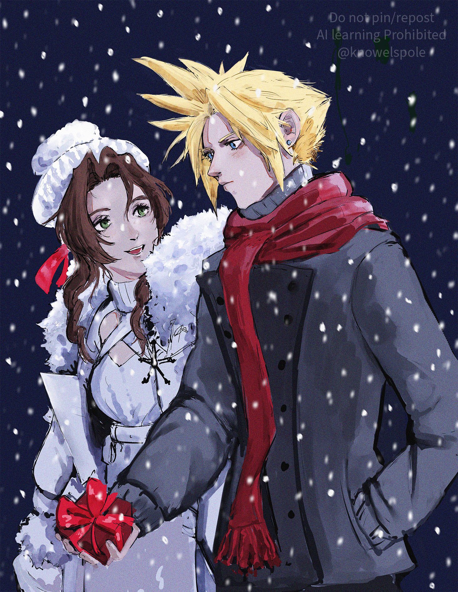 aerith gainsborough, aerith gainsborough (fairy of snowfall), cloud strife, final fantasy, final fantasy vii, final fantasy vii: ever crisis, commentary, english commentary, highres, 1boy, 1girl, alternate costume, beret, blonde hair, blue eyes, bow, box, breasts, brown hair, christmas, cleavage cutout, closed mouth, clothing cutout, coat, dress, fur-trimmed coat, fur trim, gift, gift box, green eyes, grey coat, hair ribbon, hand in pocket, hat, holding, holding box, holding gift, knowelspole, light blush, looking at another, medium breasts, official alternate costume, open mouth, parted bangs, red bow, red ribbon, red scarf, ribbon, scarf, short hair, sidelocks, smile, snowflake brooch, snowing, spiked hair, sweater, sweater dress, twitter username, upper body, white coat, white dress, white hat