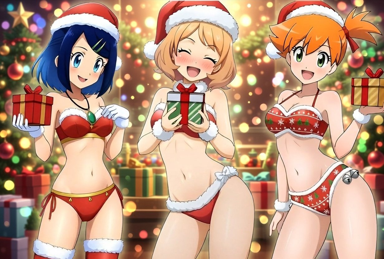 alexkonakona, liko (pokemon), misty (pokemon), serena (pokemon), nintendo, pokemon, pokemon (anime), pokemon (classic anime), pokemon horizons, pokemon xy (anime), commentary, 3girls, :d, bell, bikini, black hair, blue eyes, blush, bow, box, breasts, christmas, christmas tree, cleavage, closed eyes, eyelashes, fur-trimmed bikini, fur-trimmed gloves, fur-trimmed headwear, fur-trimmed legwear, fur-trimmed thighhighs, fur trim, fur wrist cuffs, gift, gift box, gloves, green eyes, hair ornament, hairclip, hand up, hat, holding, holding gift, holding sack, merry christmas, multiple girls, navel, one side up, open mouth, orange hair, red bikini, red hat, red thighhighs, sack, santa bikini, santa costume, santa hat, side-tie bikini bottom, smile, swimsuit, thighhighs, white bow, white gloves, wrist cuffs