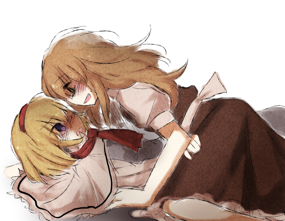 marisu, alice margatroid, kirisame marisa, touhou, bad id, bad pixiv id, 2girls, blonde hair, blue eyes, blush, fang, female focus, hairband, long hair, lying, multiple girls, on back, short hair, straddling, yellow eyes, yuri