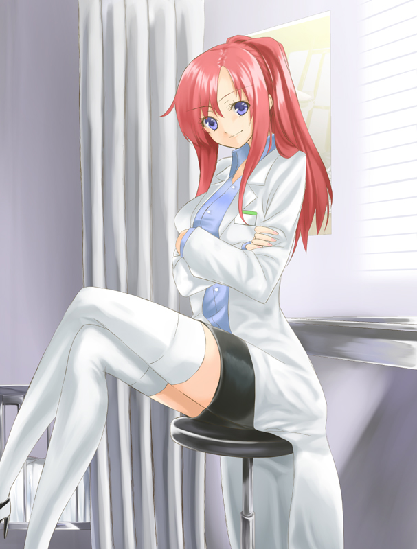 unowen, original, bad id, bad pixiv id, 1girl, blue eyes, crossed arms, crossed legs, doctor, female focus, high heels, lab coat, pencil skirt, pink hair, ponytail, sitting, skirt, solo, thighhighs