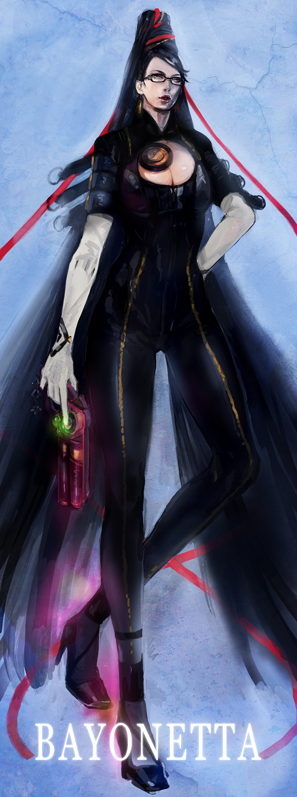 dasan, bayonetta, bayonetta (series), highres, black hair, bodysuit, breasts, cleavage, cleavage cutout, clothing cutout, glasses, gun, high heels, long hair, mole, red ribbon, ribbon, shoes, very long hair, weapon