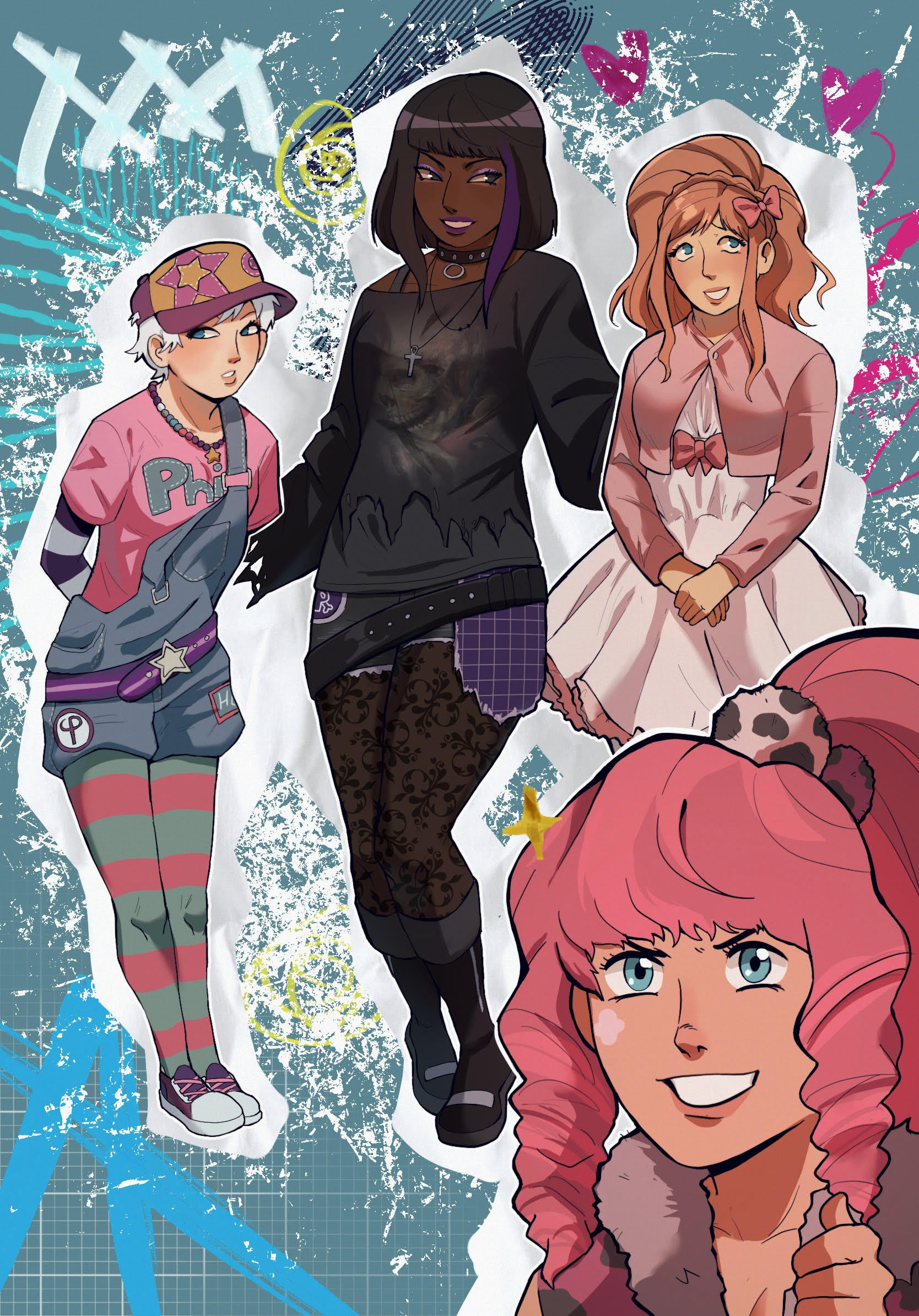 alice (kyokugen dasshutsu), luna (kyokugen dasshutsu), phi (kyokugen dasshutsu), yotsuba (kyokugen dasshutsu), kyokugen dasshutsu, kyokugen dasshutsu adv: zennin shibou desu, commentary, english commentary, highres, second-party source, alternate costume, alternate hair color, alternate hairstyle, ankh necklace, aqua eyes, baseball cap, bead necklace, beads, belt, black boots, black choker, black eyes, black hair, black shirt, black shorts, blue overalls, blunt bangs, blush, boots, bow, character name, choker, clothes writing, collarbone, dark-skinned female, dark skin, denim, denim overalls, dress, drill hair, eyelashes, eyeshadow, facial mark, fashion, gift art, gyaru, hair bow, hair ornament, hat, jacket, jewelry, krisdice39, lips, lipstick, long hair, long sleeves, makeup, medium hair, multicolored hair, multicolored thighhighs, necklace, orange hair, outline, overalls, own hands together, pantyhose, pink bow, pink hair, pink jacket, pink shirt, pom pom (clothes), pom pom hair ornament, purple belt, purple eyeshadow, purple hair, purple hat, purple lips, purple shoes, shirt, shoes, short hair, shorts, skull print, smile, standing, star-shaped buckle, star (symbol), star necklace, star print, streaked hair, striped clothes, striped thighhighs, thighhighs, thumbs up, torn clothes, torn shirt, torn shorts, two-tone hair, two-tone thighhighs, very short hair, white dress, white hair, white outline