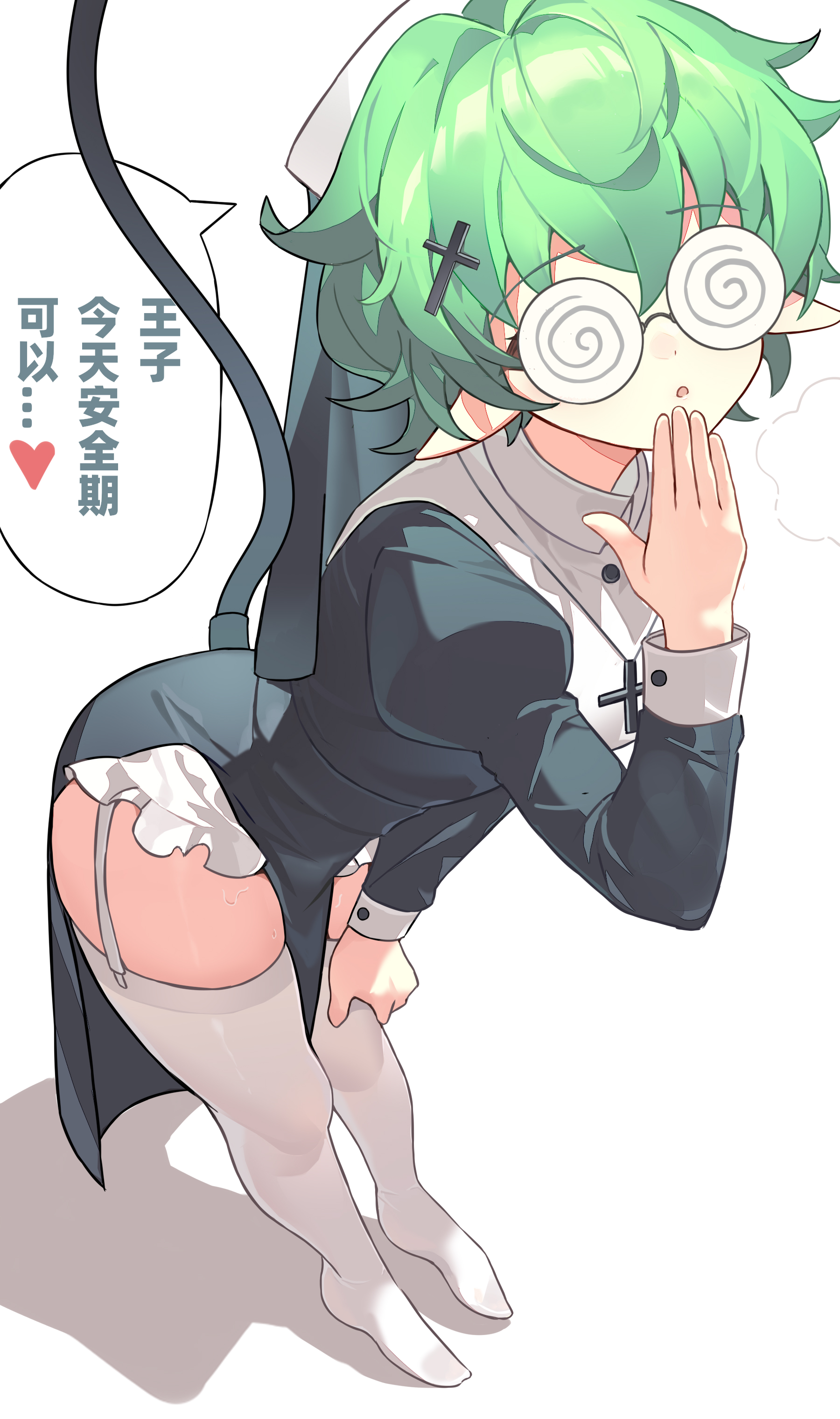 toki0830, pandoria (xenoblade), xenoblade chronicles (series), xenoblade chronicles 2, absurdres, commentary request, highres, translation request, 1girl, :o, black dress, coke-bottle glasses, cross, dress, garter straps, glasses, green hair, hand to own mouth, hand up, juliet sleeves, latin cross, leaning forward, long sleeves, no shoes, nun, parted lips, pointy ears, puffy sleeves, round eyewear, shadow, simple background, solo, standing, thighhighs, white background, white thighhighs
