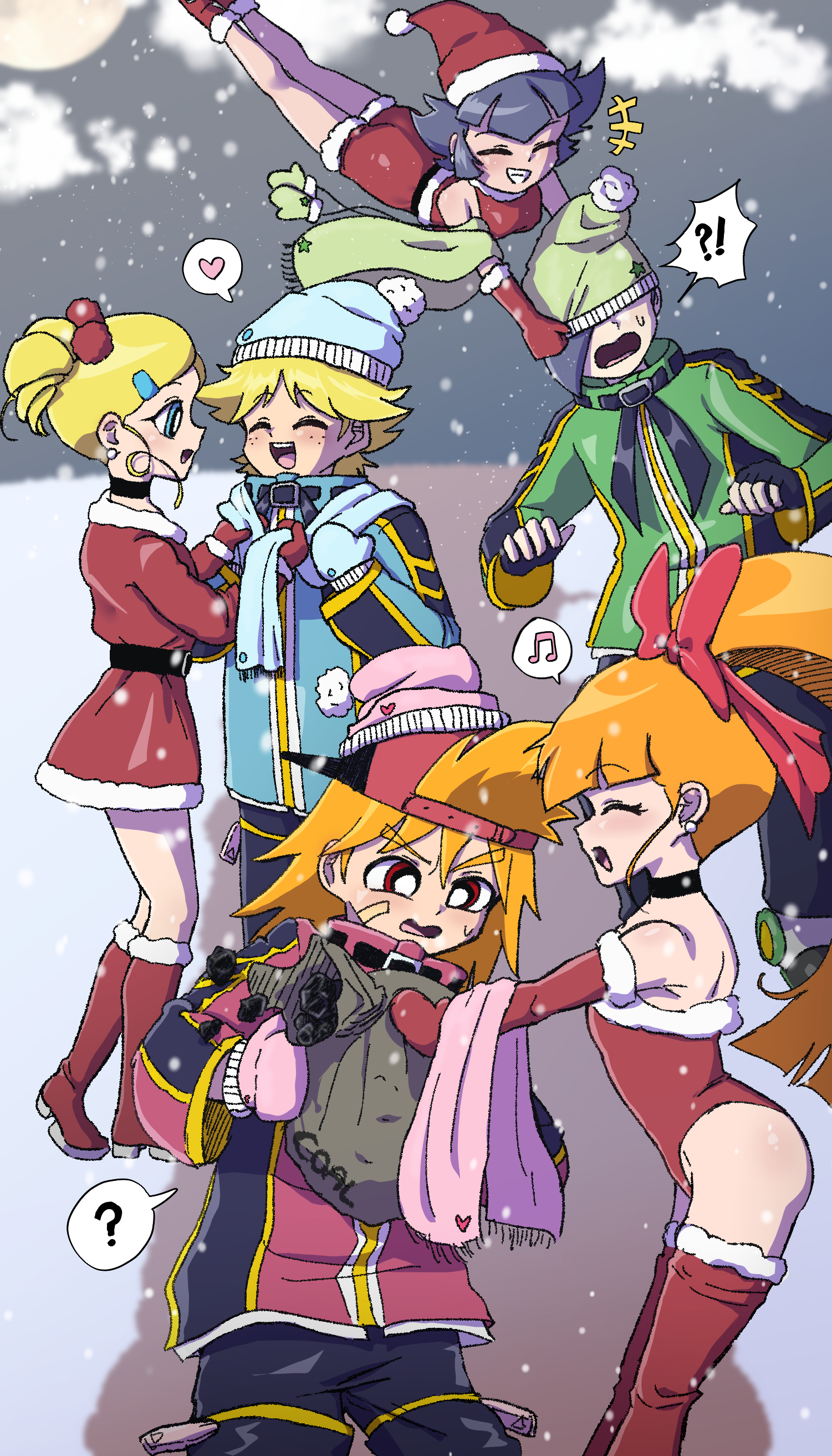 akazutsumi momoko, boomer (ppg), brick (ppg), butch (ppg), goutokuji miyako, matsubara kaoru, powerpuff girls z, absurdres, highres, non-web source, 78milk, christmas, coal, dress, hat, rowdyruff boys, santa costume, santa dress, santa hat, snowing