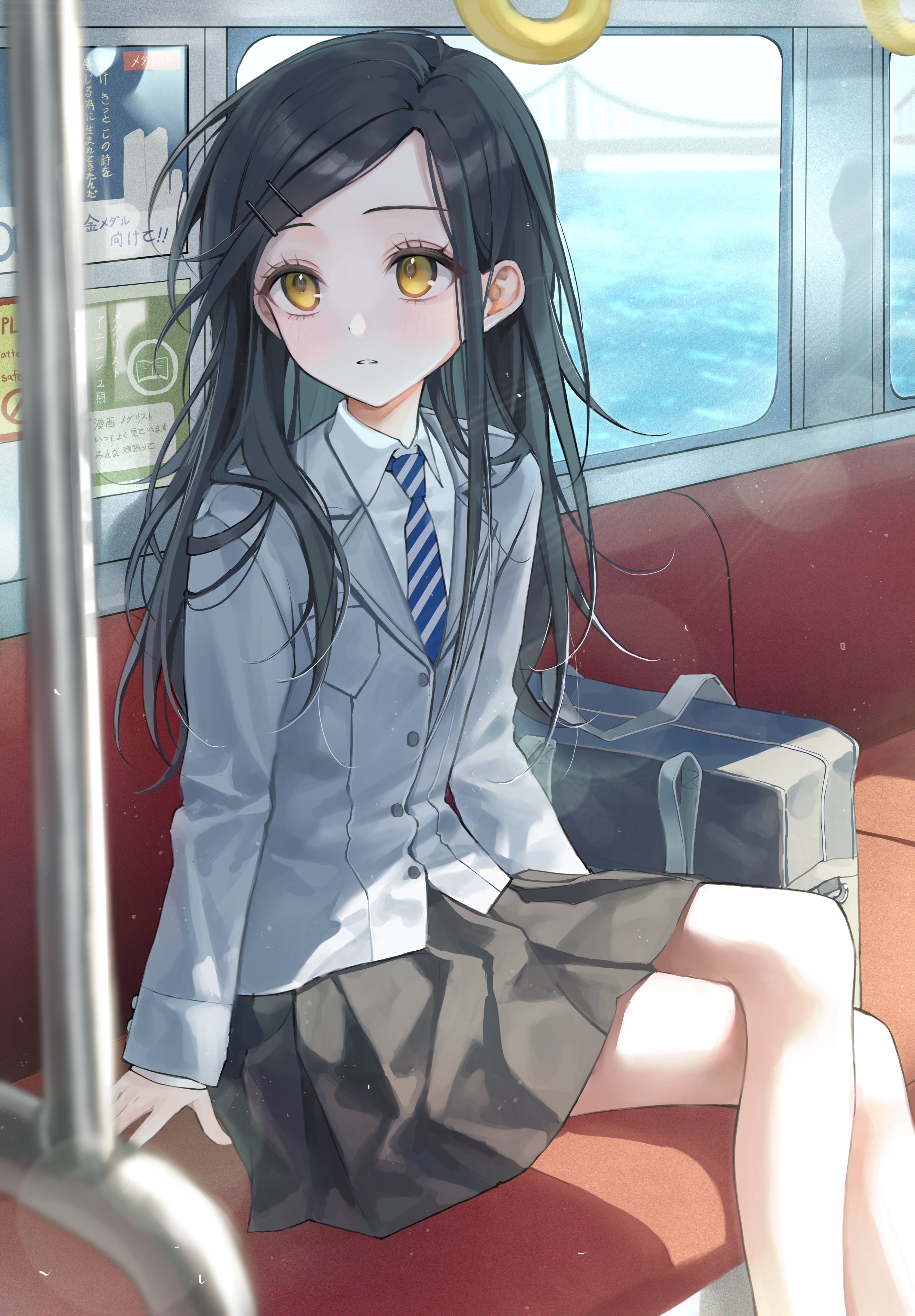 felicia8, kamisaki hikaru, medalist (manga), absurdres, hashtag-only commentary, highres, 1girl, bag, black bag, black skirt, blazer, collared shirt, formal clothes, grey suit, hair ornament, hairclip, hand grip, jacket, lens flare, long hair, long sleeves, looking to the side, parted bangs, school bag, school uniform, shirt, skirt, sleeves past wrists, solo, suit, train interior, white shirt, yellow eyes