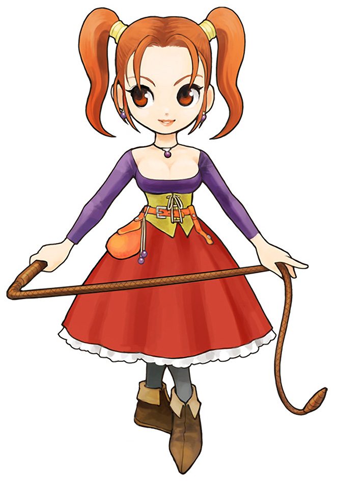 jessica albert, dragon quest, dragon quest viii, itadaki street, square enix, official art, 1girl, breasts, brown eyes, cleavage, corset, dress, earrings, female focus, full body, holding, holding weapon, jewelry, long sleeves, medium breasts, necklace, purple shirt, red hair, shirt, short twintails, simple background, smile, solo, standing, strapless, strapless dress, twintails, weapon, whip, white background