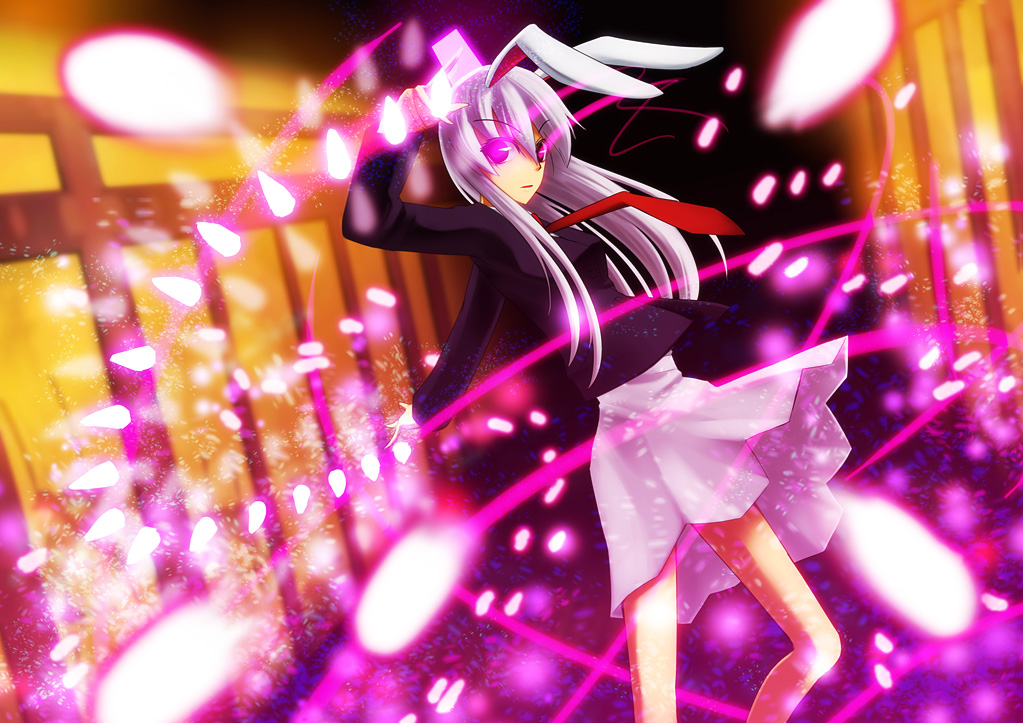 din (artist), din (flypaper), reisen udongein inaba, imperishable night, touhou, bad id, bad pixiv id, 1girl, animal ears, black hair, danmaku, female focus, long hair, necktie, purple hair, rabbit ears, red eyes, skirt, solo