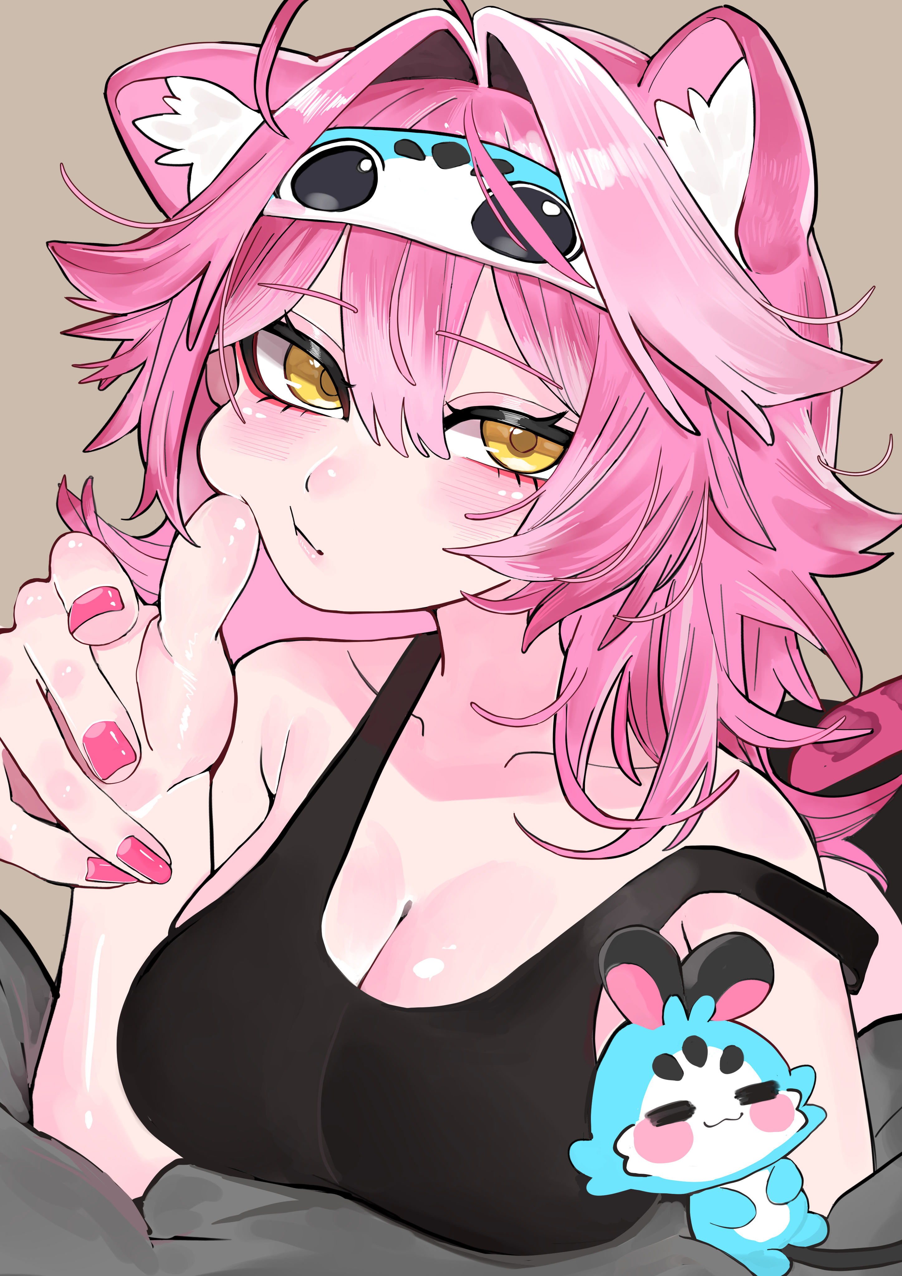 yuuppi, chattino (raora panthera), raora panthera, hololive, hololive english, absurdres, commentary request, highres, 1girl, ahoge, animal ears, bed, black shorts, black tank top, breasts, center-flap bangs, cleavage, double-parted bangs, grey background, large breasts, long hair, looking at viewer, lying, mask, mask on head, messy hair, nail polish, on stomach, panther ears, panther girl, panther tail, pink hair, pink nails, shorts, simple background, sleep mask, solo, strap slip, tail, tank top, virtual youtuber, white streaks, yellow eyes