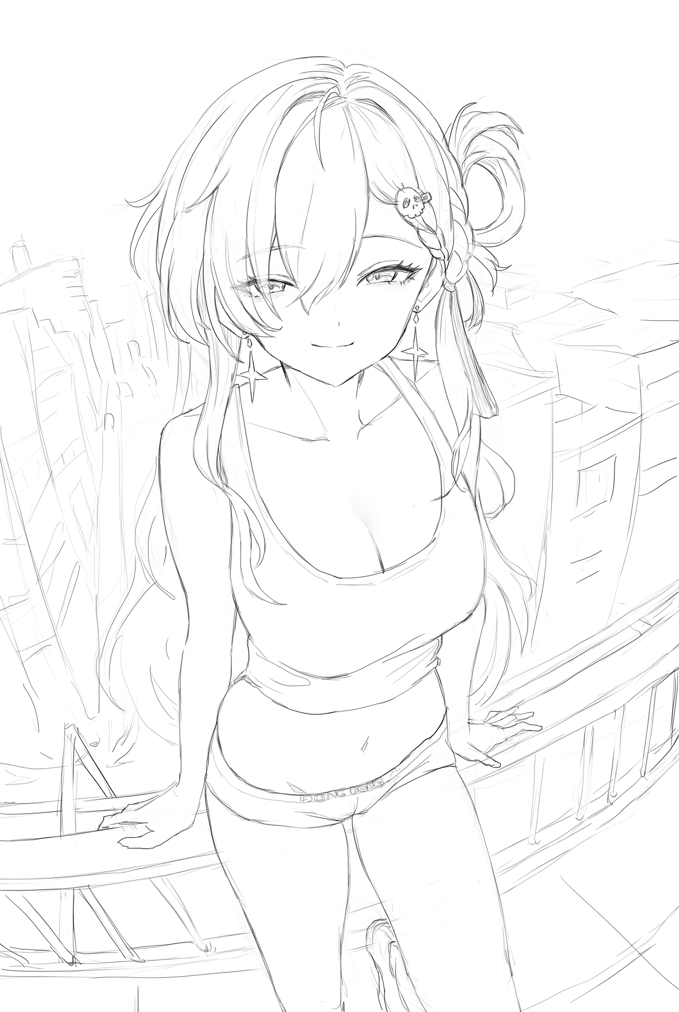 ddcc0123, lynae (wuthering waves), wuthering waves, commentary, highres, 1girl, against railing, alternate costume, braid, braided bangs, breasts, cleavage, closed mouth, collarbone, earrings, hair between eyes, hair ornament, jewelry, long hair, looking at viewer, medium breasts, midriff, navel, outdoors, railing, short shorts, shorts, sketch, skull hair ornament, smile, solo, star (symbol), star earrings, thighs