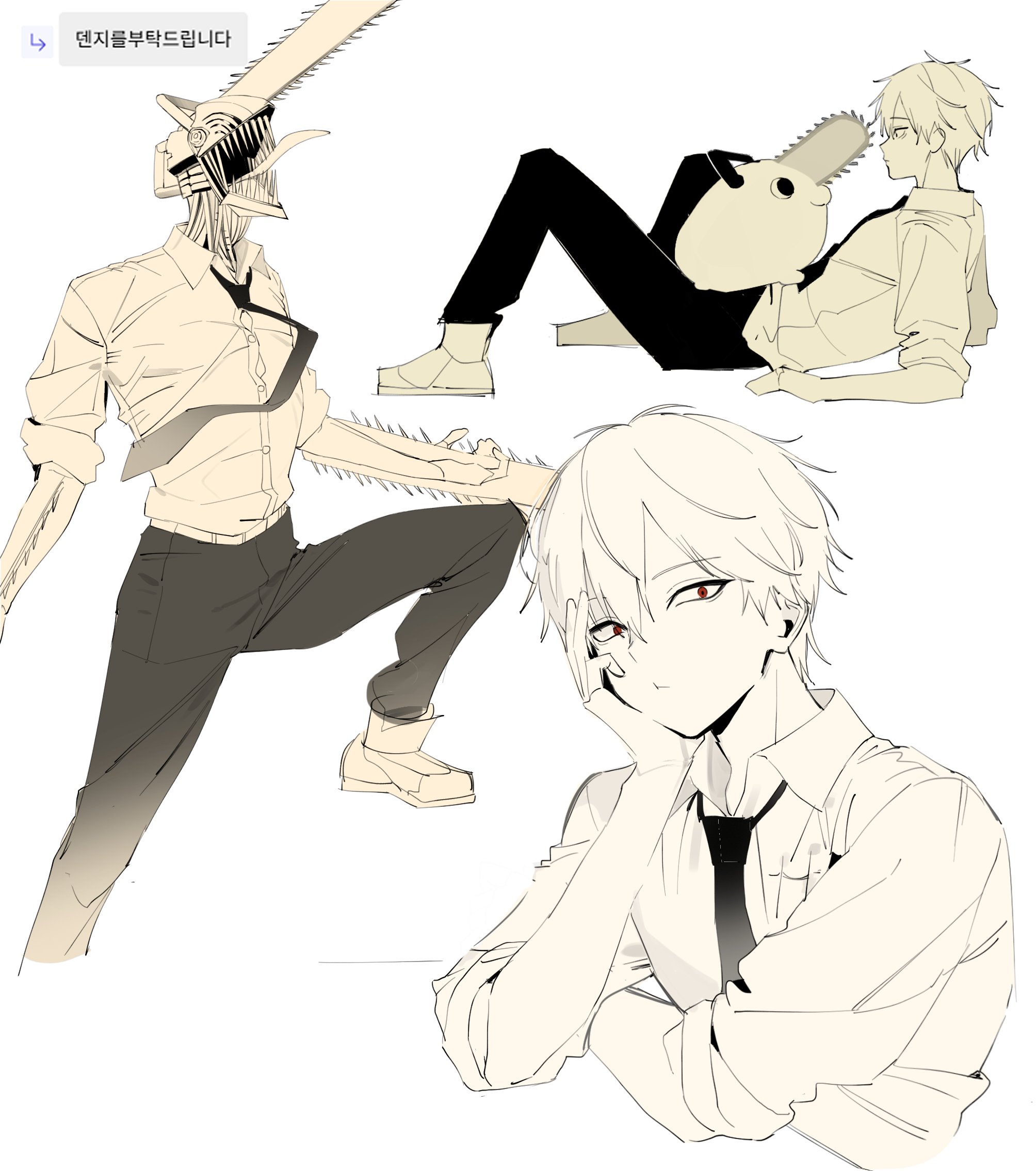 chainsaw devil, denji (chainsaw man), pochita (chainsaw man), chainsaw man, commentary request, highres, korean commentary, 1boy, beka0820, black necktie, black pants, chainsaw, collared shirt, creature, crossed arms, dual persona, fighting stance, head on hand, korean text, limited palette, looking at viewer, lying, male focus, multiple views, necktie, on back, open mouth, pants, red eyes, sharp teeth, shirt, shoes, sleeves rolled up, sneakers, teeth, tongue, tongue out, upper body, white background, white shirt, white shoes