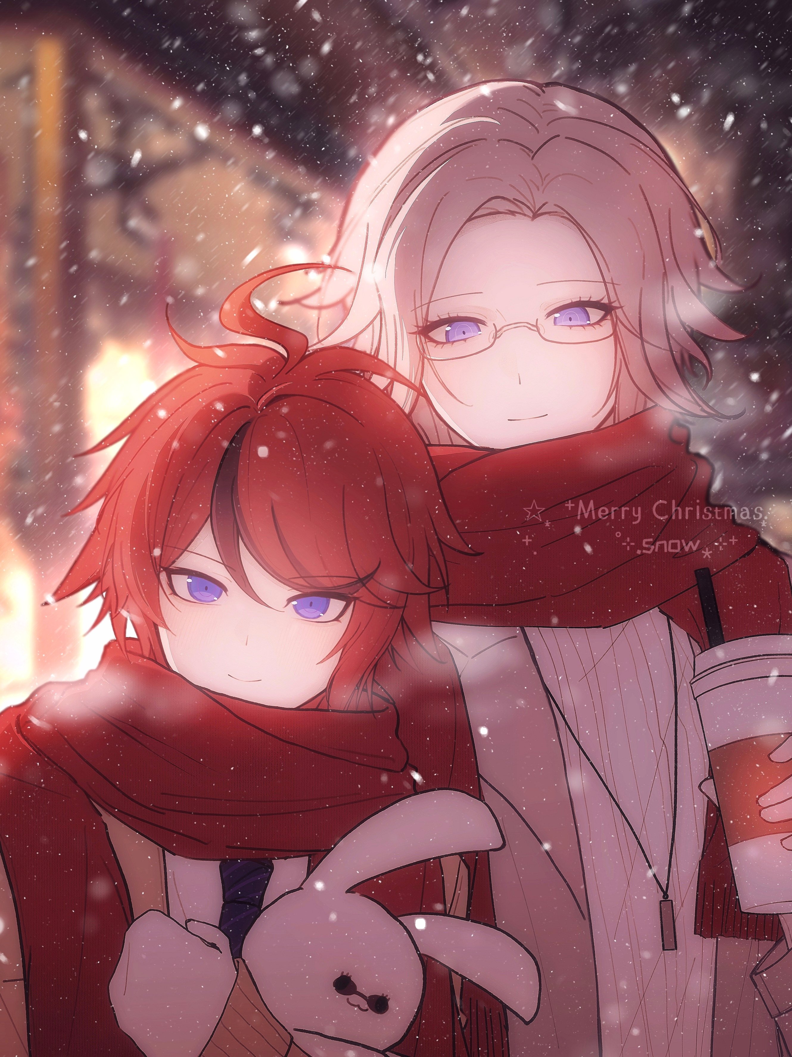 aotsuki eito, sumino takumi, the hundred line -last defense academy-, absurdres, commentary request, highres, 2boys, ahoge, black hair, blue eyes, blue necktie, brown cardigan, cardigan, closed mouth, cup, diagonal-striped clothes, diagonal-striped necktie, drink, drinking straw, english text, eyelashes, glasses, grey hair, grey jacket, hair between eyes, height difference, holding, holding cup, holding stuffed toy, jacket, jewelry, lapels, male focus, merry christmas, multicolored hair, multiple boys, necklace, necktie, open cardigan, open clothes, open jacket, outdoors, red hair, red scarf, ribbed sweater, scarf, semi-rimless eyewear, short hair, smile, snow (snow5051009), snowing, streaked hair, striped clothes, stuffed animal, stuffed rabbit, stuffed toy, sweater, two-tone hair, white sweater