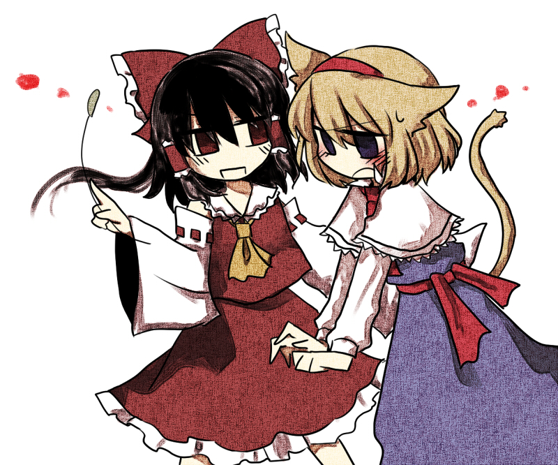 marisu, alice margatroid, hakurei reimu, touhou, bad id, bad pixiv id, 2girls, animal ears, black hair, blonde hair, blue eyes, blush, cat ears, cat girl, cat tail, cat teaser, detached sleeves, female focus, hairband, japanese clothes, kemonomimi mode, miko, multiple girls, red eyes, short hair, tail