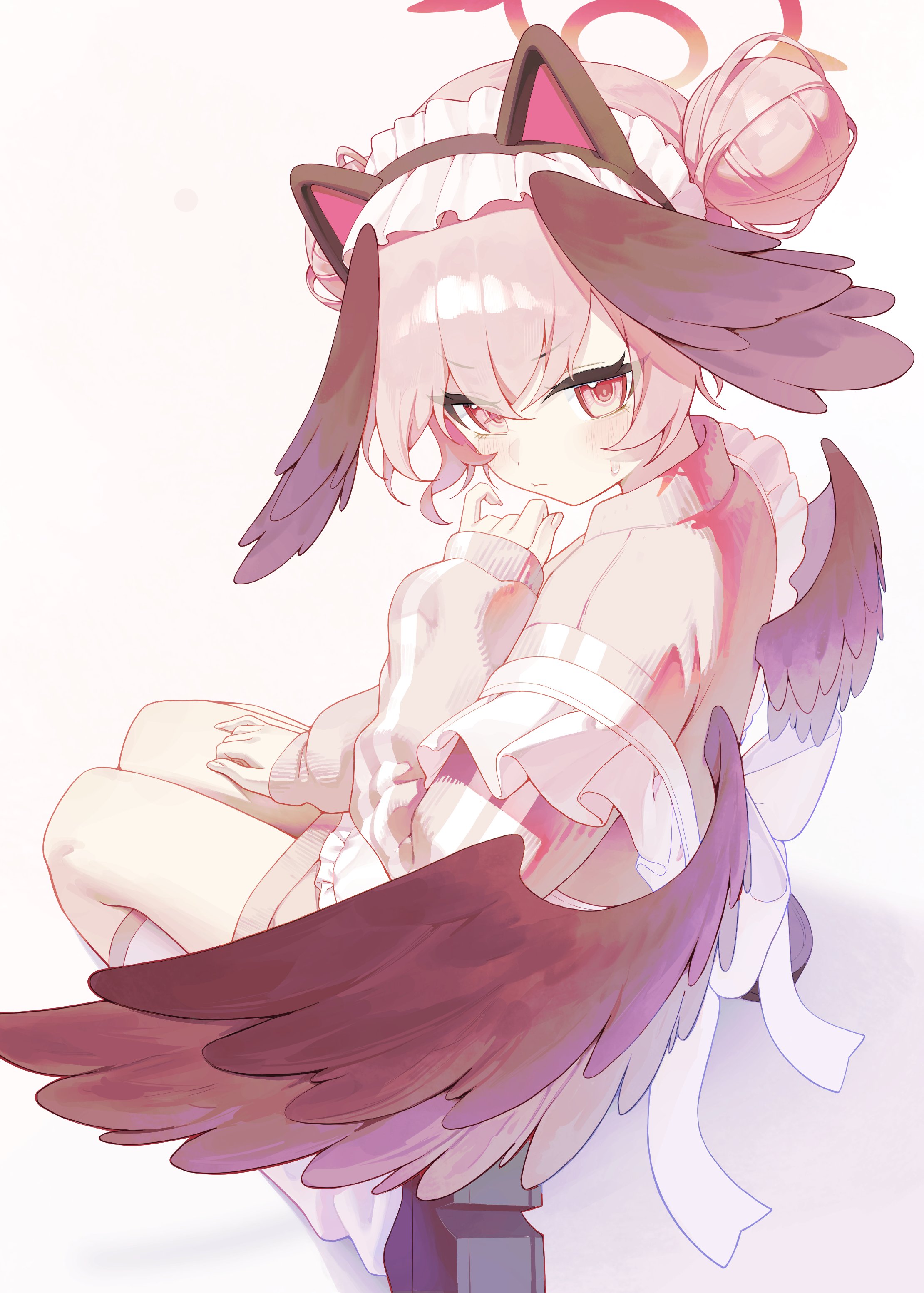 sbgu, koharu (blue archive), blue archive, absurdres, commentary, highres, symbol-only commentary, 1girl, alternate costume, animal ears, apron, black shoes, black wings, blush, cat ears, closed mouth, double bun, fake animal ears, feathered wings, frilled apron, frills, hair bun, halo, head wings, jacket, kneehighs, leg warmers, long sleeves, looking at viewer, looking back, loose socks, low wings, maid, maid apron, maid headdress, pink eyes, pink hair, pink halo, pink jacket, red halo, shoes, simple background, sitting, socks, solo, track jacket, unconventional maid, white apron, white background, white socks, wings