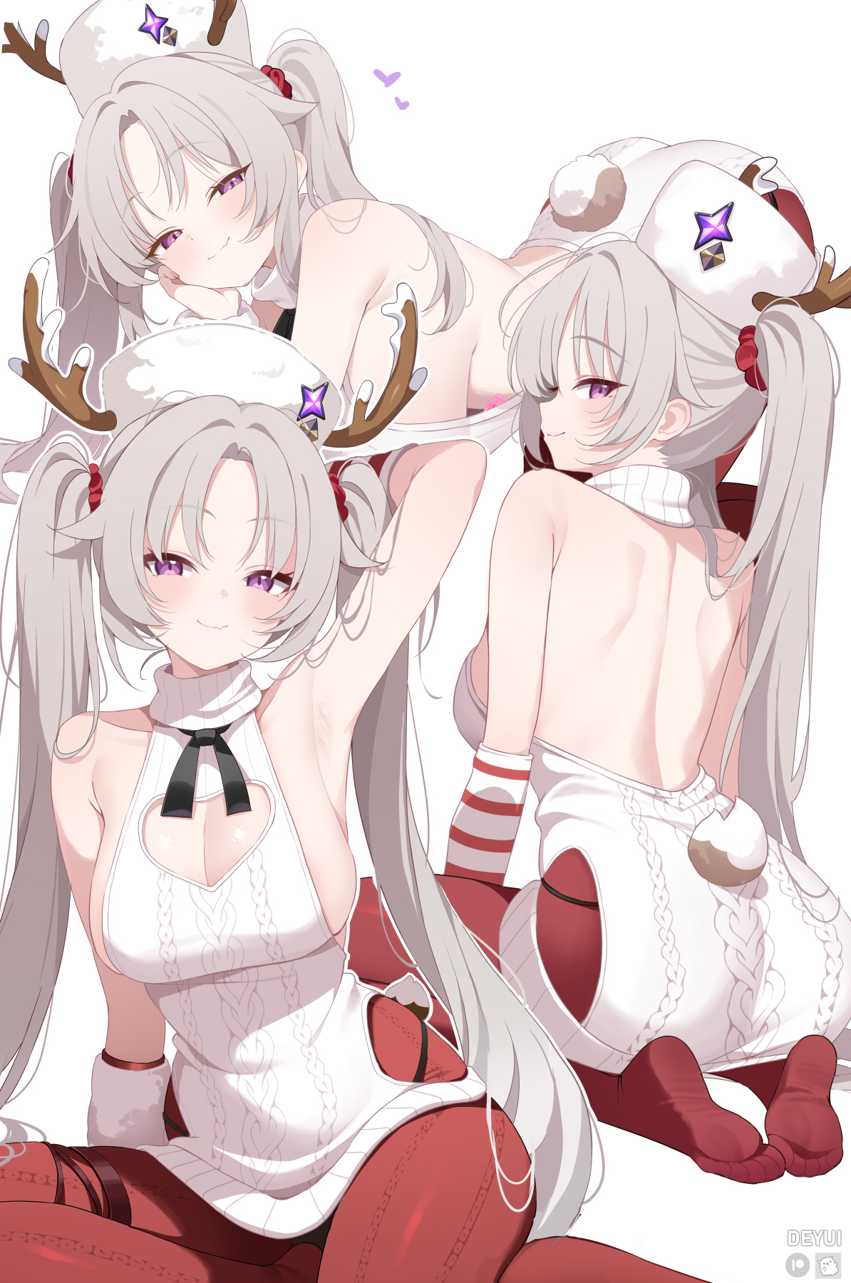 deyui, laru (stella sora), stella sora, commentary, english commentary, hashtag-only commentary, highres, 1girl, arm behind head, arm warmers, armpits, back, backless sweater, bare shoulders, breasts, cleavage, cleavage cutout, clothing cutout, dress, fur hat, grey background, hat, heart, heart cutout, horned hat, knit pantyhose, knit scarf, knit sweater, large breasts, laru (snowish) (stella sora), looking at viewer, looking back, mismatched arm warmers, multiple views, official alternate costume, pantyhose, papakha, pink hair, red pantyhose, seiza, sideboob, simple background, single arm warmer, sitting, sleeveless, sleeveless sweater, smile, solo, striped arm warmers, striped sleeves, sweater, sweater dress, twintails, white arm warmers