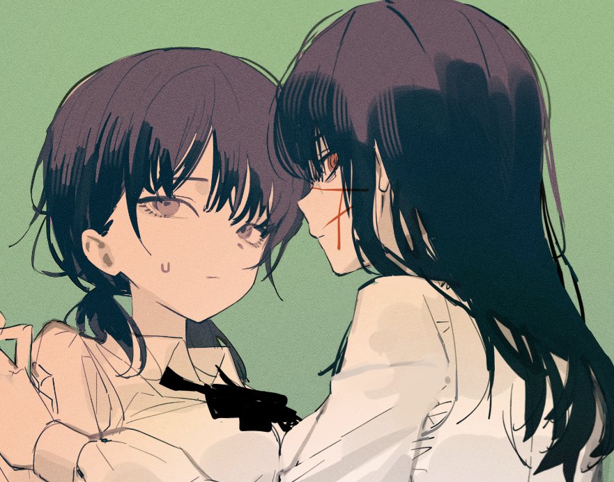 mitaka asa, yoru (chainsaw man), chainsaw man, 2girls, beka0820, black hair, black ribbon, breasts, brown eyes, closed mouth, collared shirt, dual persona, facial scar, green background, hair between eyes, long hair, looking at another, low twintails, medium breasts, multiple girls, neck ribbon, ribbon, ringed eyes, scar, scar on cheek, scar on face, shirt, sketch, sweatdrop, twintails, upper body, white shirt