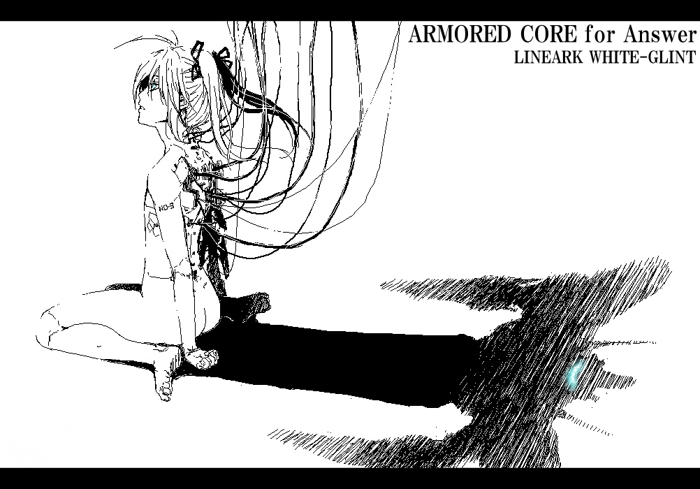 white glint, armored core, armored core: for answer, fromsoftware, 1girl, ass, blue eyes, female focus, monochrome, shadow, sitting, solo, spot color, white background, wire