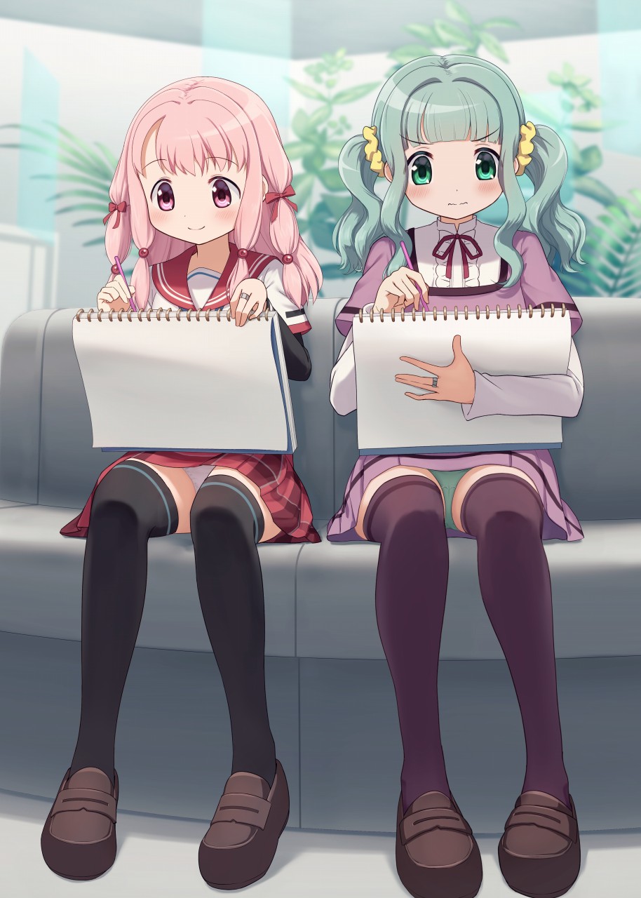 kamuchin soda, futaba sana, tamaki ui, magia record: mahou shoujo madoka magica gaiden, mahou shoujo madoka magica, mahou shoujo madoka magica (anime), commentary request, commission, highres, pixiv commission, 2girls, black thighhighs, blush, braid, green eyes, green hair, green panties, hime cut, kamihama university affiliated school uniform, leaf, mizuna girls' academy school uniform, multiple girls, panties, pink hair, purple thighhighs, school uniform, shoes, short hair, sitting, smile, thighhighs, twintails, underwear, white panties