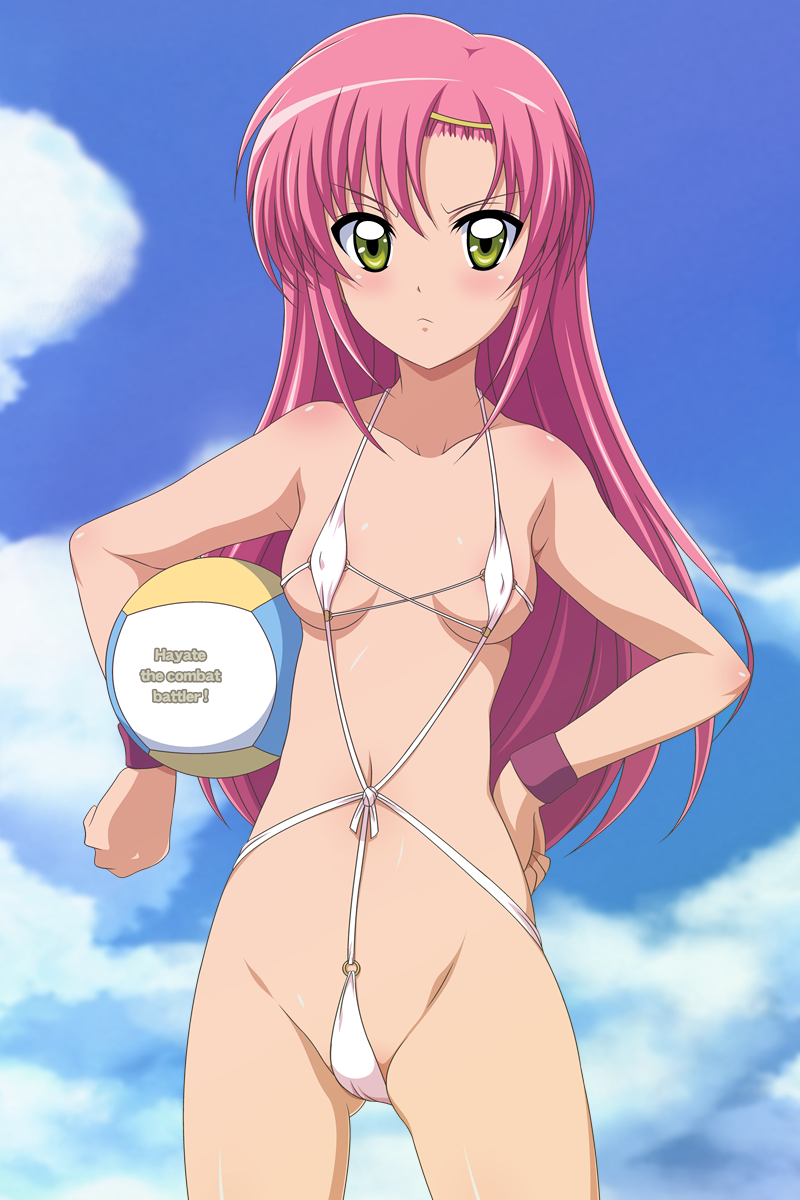 katsura hinagiku, hayate no gotoku!, highres, 00s, 1girl, ball, beach, bikini, blush, cameltoe, copyright name, day, female focus, frown, halterneck, hand on own hip, hip focus, long hair, micro bikini, narrow waist, navel, one-piece swimsuit, outdoors, parted bangs, pink hair, scowl, sky, slingshot swimsuit, solo, swimsuit, volleyball, volleyball (object), white one-piece swimsuit, white slingshot swimsuit, wristband, yellow eyes