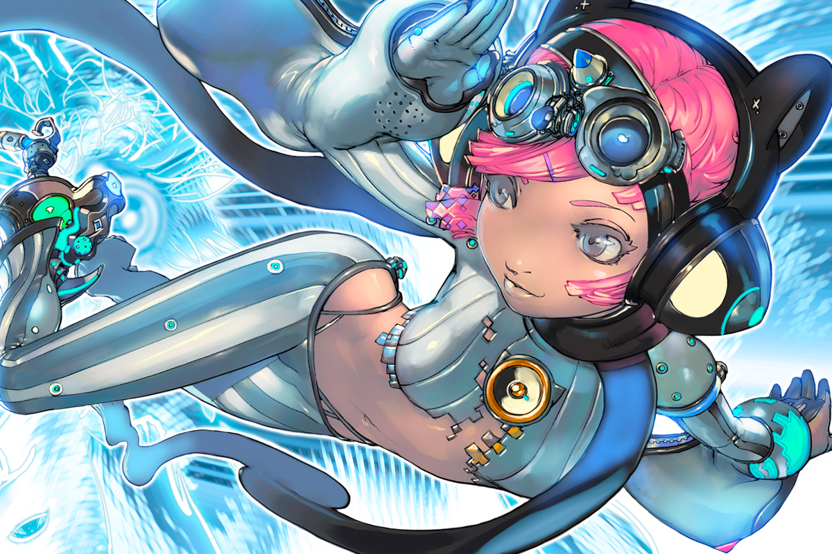 shishizaru, original, supernova, vocaloid, artist request, 1girl, ass, blue eyes, female focus, gloves, goggles, hair ornament, hairclip, headphones, midriff, navel, pants, pink hair, smile, solo
