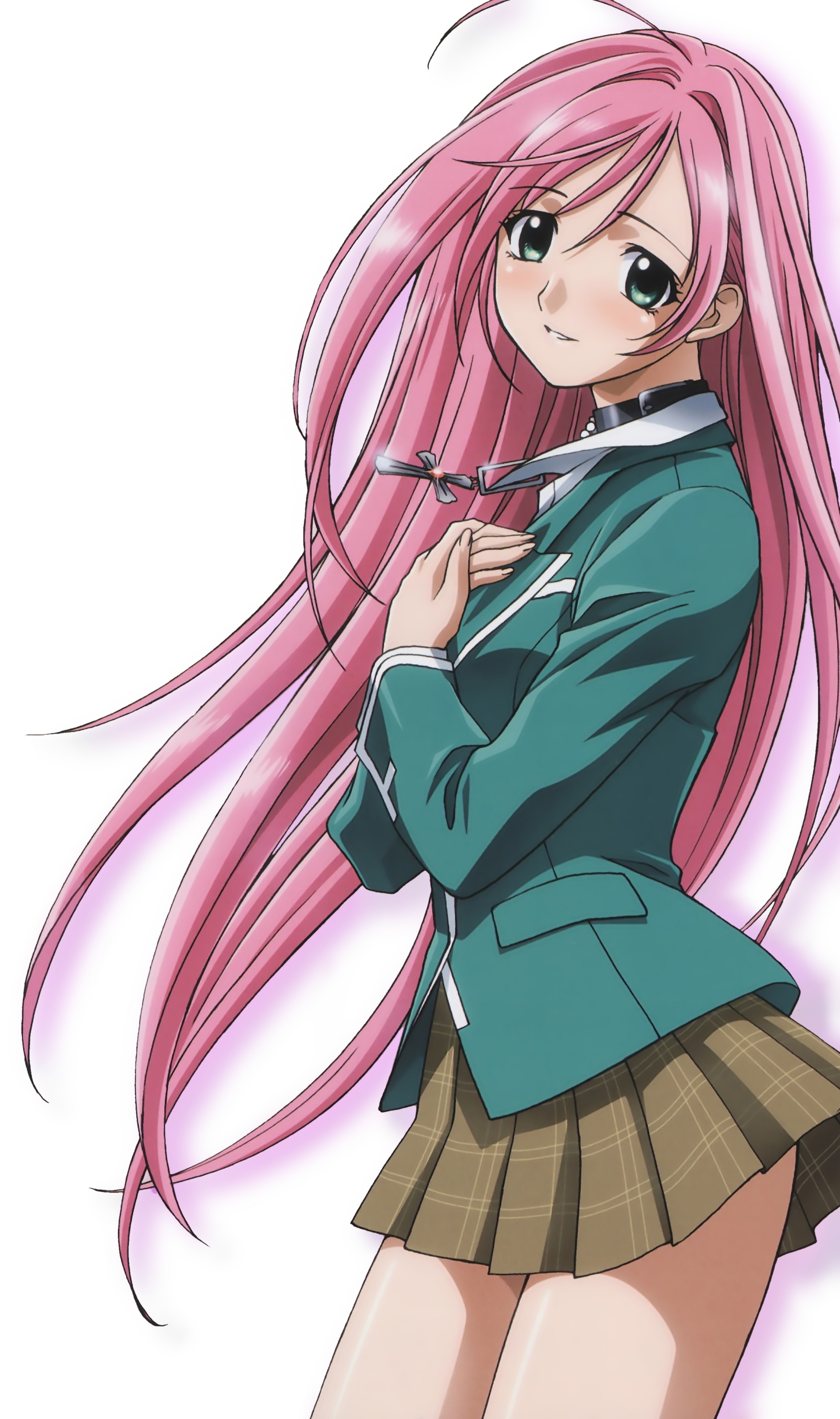 akashiya moka, rosario+vampire, absurdres, highres, tagme, 00s, blush, legs, long hair, miniskirt, pink hair, school uniform, skirt