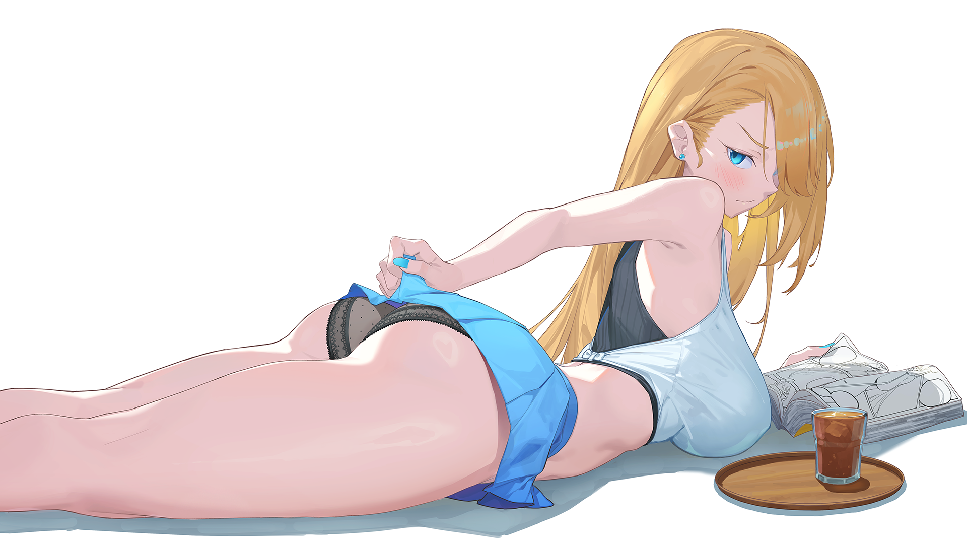 wilhelmina (brown dust), brown dust, brown dust (series), highres, 1girl, ass, black panties, blue eyes, blush, book, breasts, clothes lift, come hither, hair over one eye, half-closed eye, large breasts, lifting own clothes, light smile, looking at viewer, looking back, lying, midriff, on stomach, panties, reading, sideboob, skirt, skirt lift, smile, solo, tank top, the pose, underwear