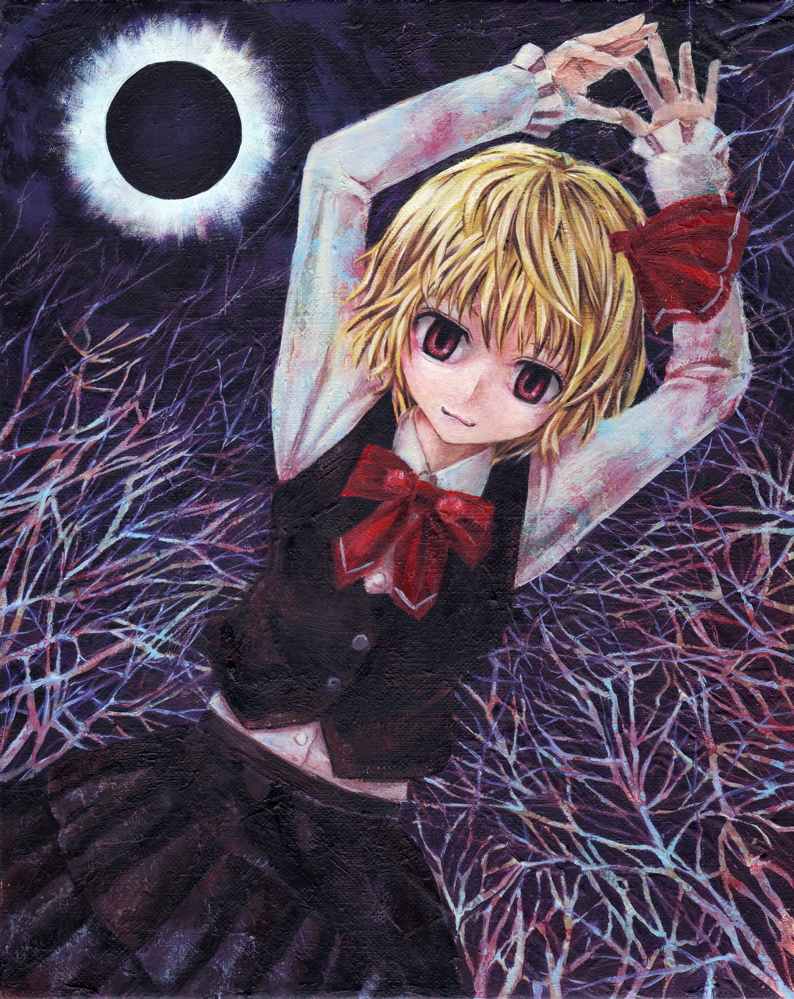 kabaji, rumia, embodiment of scarlet devil, touhou, oil painting (medium), painting (medium), traditional media, 1girl, blonde hair, female focus, hair ribbon, red eyes, ribbon, short hair, solo