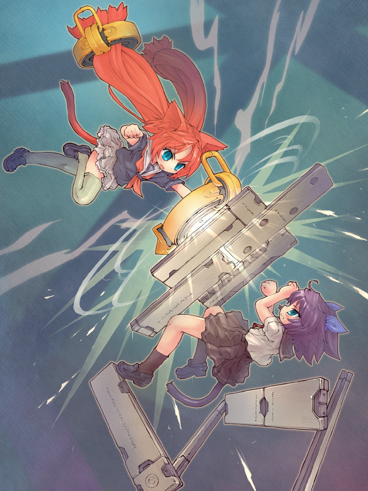 sankuma, ikeda naga, shinonome sango, original, 2girls, animal ears, battle, cat ears, cat tail, multiple girls, school uniform, tail, thighhighs