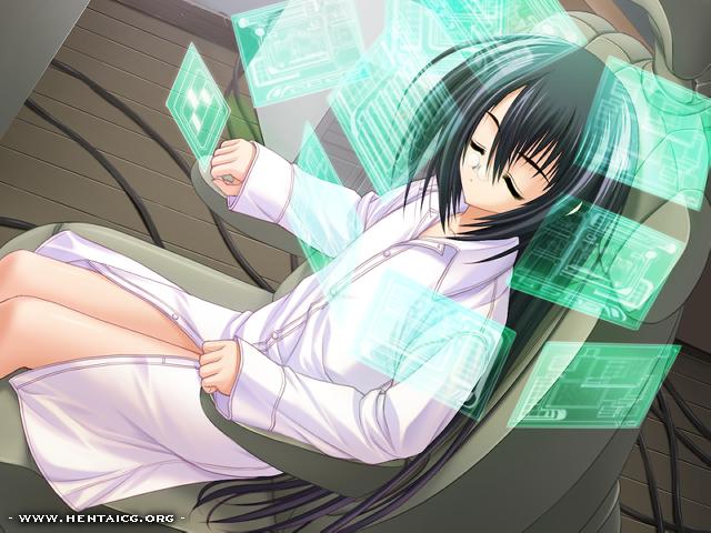 1girl, black hair, closed eyes, computer, female focus, flat chest, glasses, long hair, solo, watermark