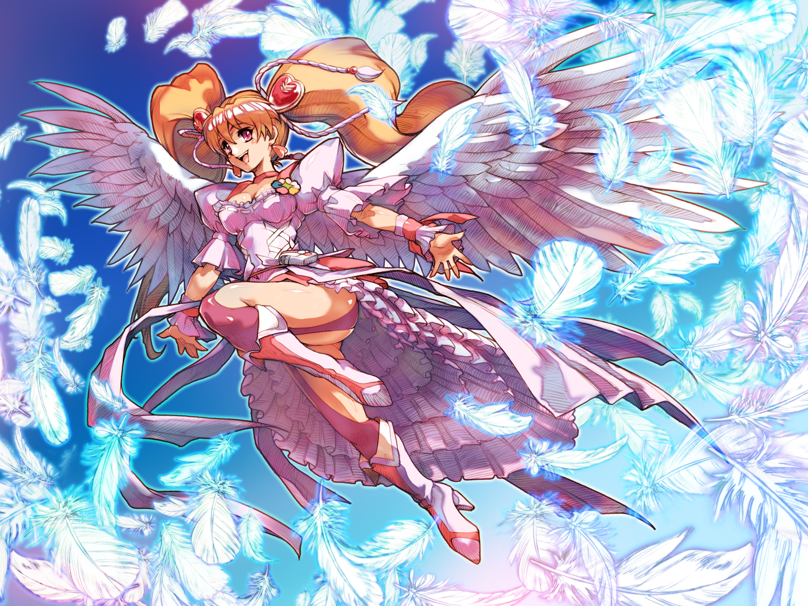 hisahiko, cure angel, cure peach, cure peach (angel), momozono love, fresh precure!, precure, highres, 00s, 1girl, boots, brown hair, choker, earrings, feathers, female focus, full body, heart, high heels, jewelry, magical girl, open mouth, outdoors, shoes, sky, smile, solo, twintails