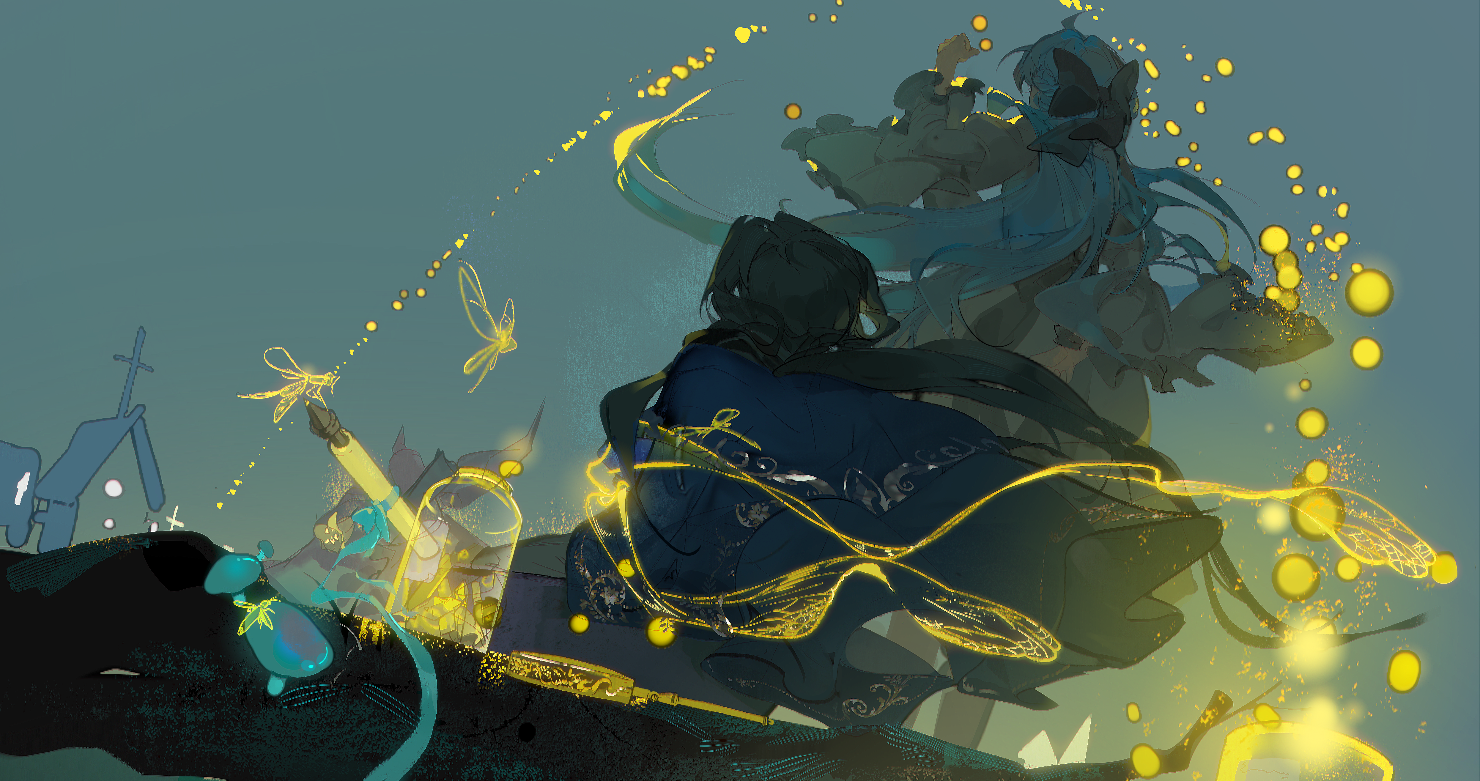 xixun, original, absurdres, chinese commentary, commentary request, highres, 1boy, 1girl, ahoge, arm up, black bow, black hair, blue capelet, blue hair, bow, capelet, dress, fireflies, floating hair, from behind, hair ornament, jar, long hair, long sleeves, outdoors, white dress